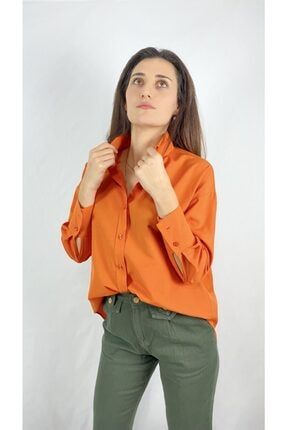 Oversize Kadın Poplin Gömlek Turuncu D1001