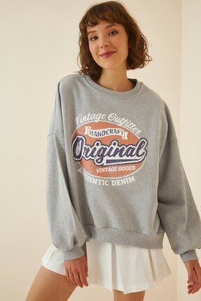 Kadın Gri Baskılı Şardonlu Sweatshirt Original-Vintage1