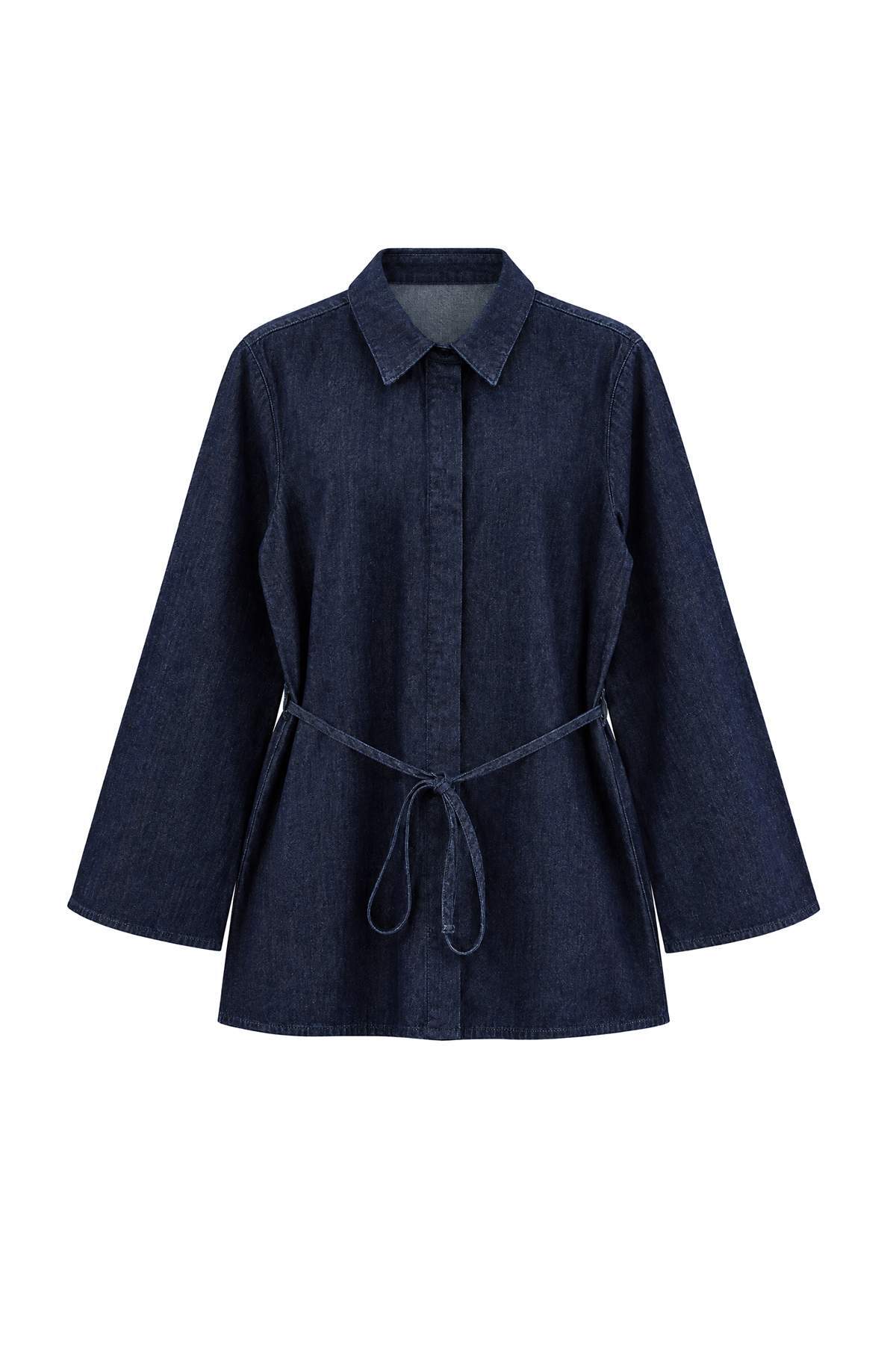 Trendyolmilla Koyu Mavi Bağlama Detaylı Denim Gömlek TWOAW27GO00117