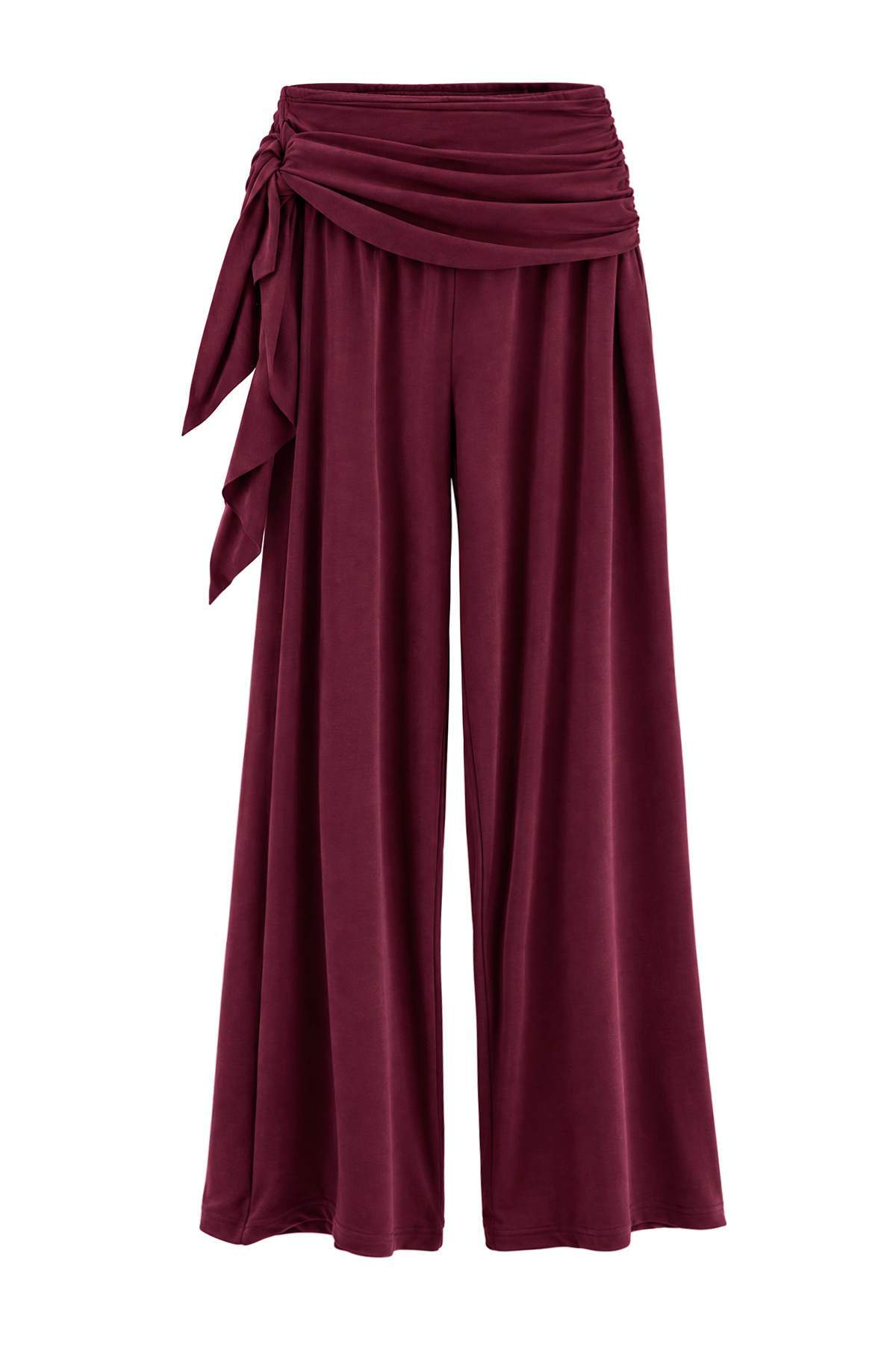 Trendyolmilla Mürdüm Premium Lyocell İçerikli Yazlık Wide Leg Kuşaklı Normal Bel Uzun Örme Pantolon TWOSS26PL00165