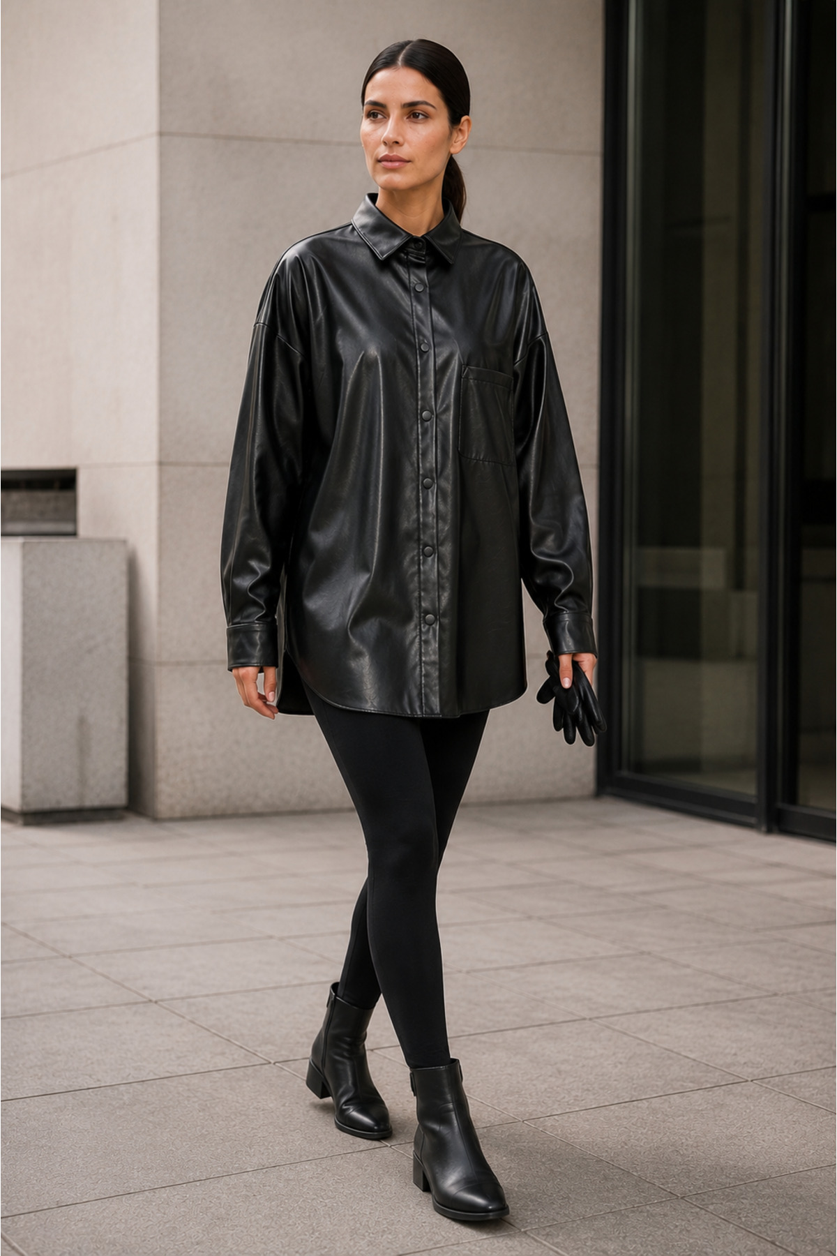 Siyah Oversize Cep Detaylı Deri Gömlek — مشکی GMDR01 — تصویر 4 از 9