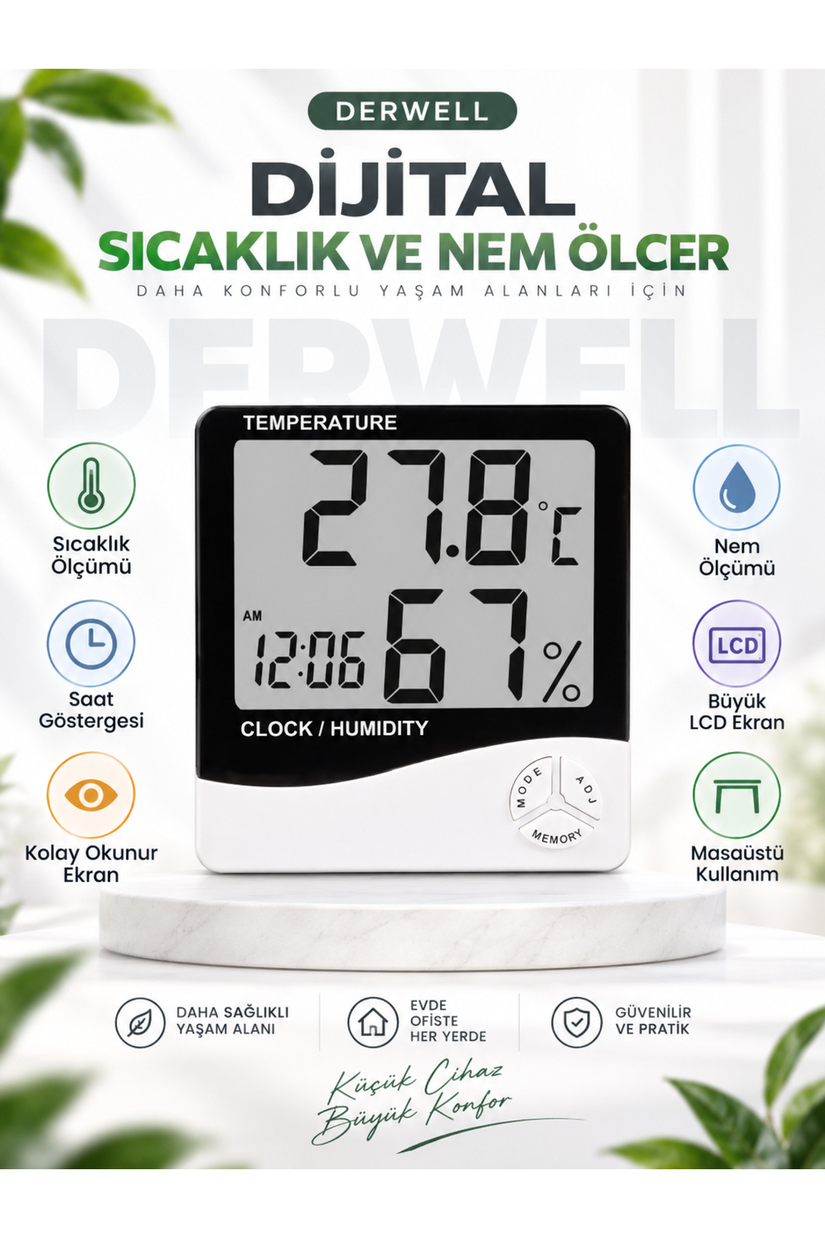 Lcd Ekran Dijital Termometre Sıcaklık Ve Nem Ölçer Masa Saati Alarm Masaüstü Veya Duvara Monte