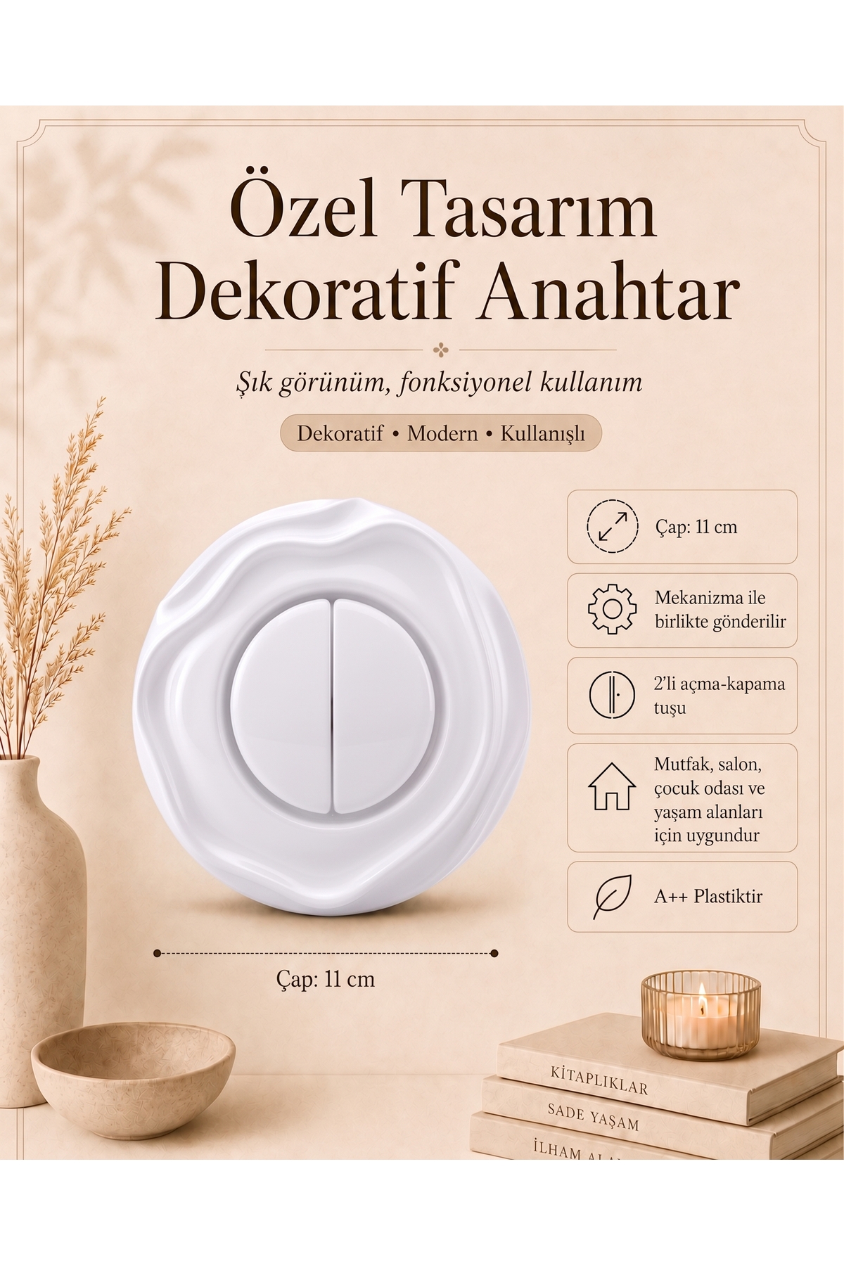 Özel Tasarım Wavy Serisi Beyaz Renk Dekoratif Komütatör Anahtar A Kalite Plastik (Mekanizma Dahildir)