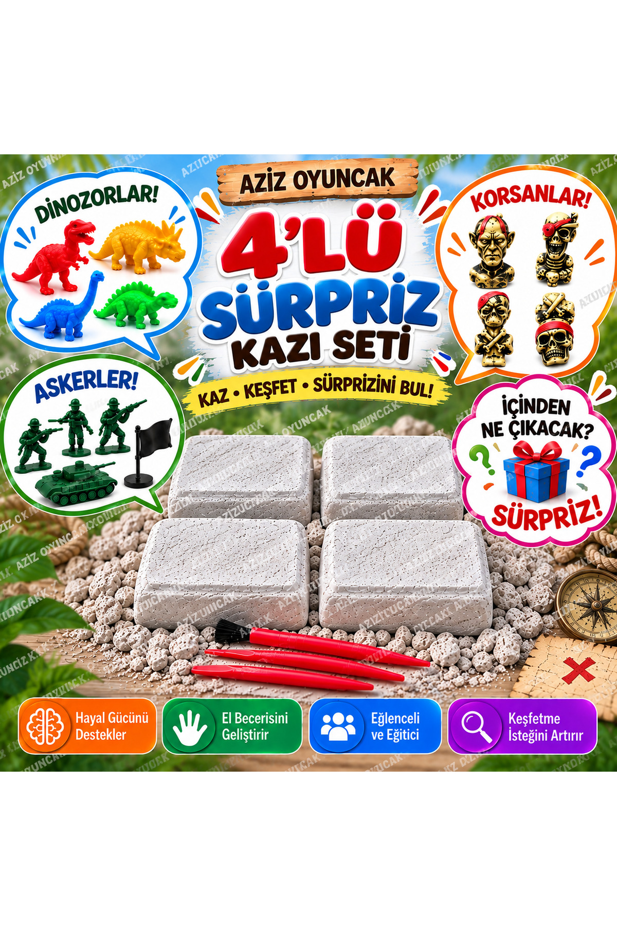 AZİZ OYUNCAK 🍀 4'lü Sürpriz Kazı Seti Arkeolojik Bilim Kazı Oyunu