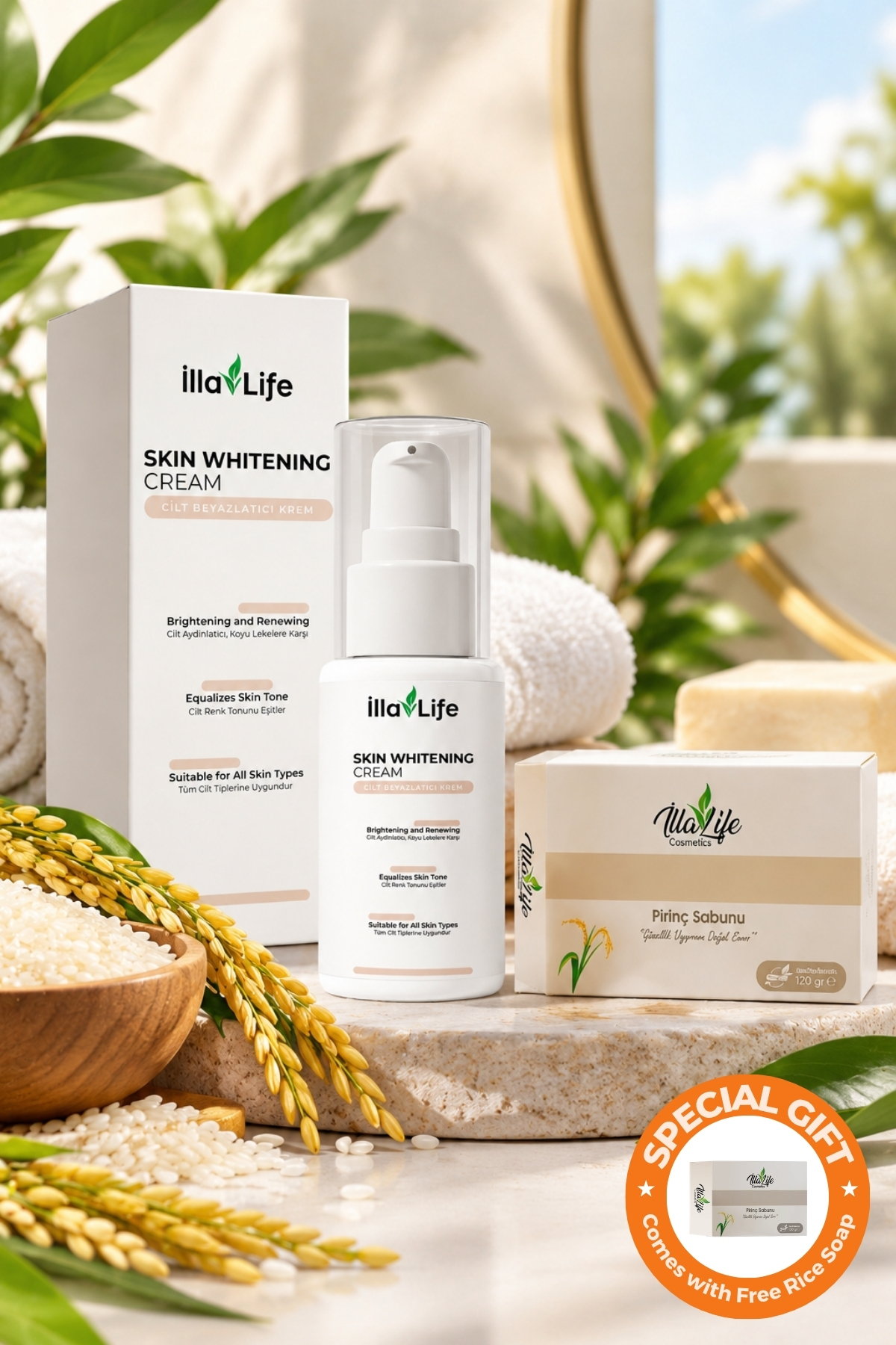 İlla Life Hızlı Etkili Cilt Beyazlatıcı Aydınlatıcı Koltuk Altı Bikini Bölgesi Özel Bölge Kararma Karşıtı Krem - Pirinç Sabunu Hediyeli Özel Set — Whitening Cream Skin Care Anti DGG3