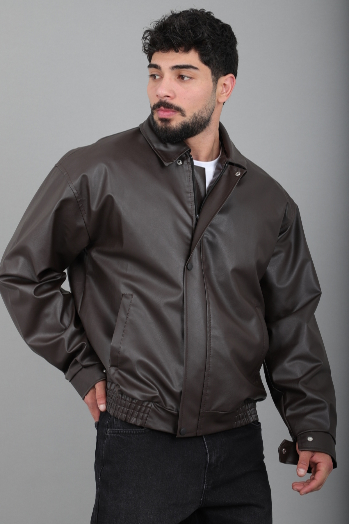 کت چرم مصنوعی کمر الاستیک Oversize Bl 1731_50379 — مشکی — تصویر 6 از 8