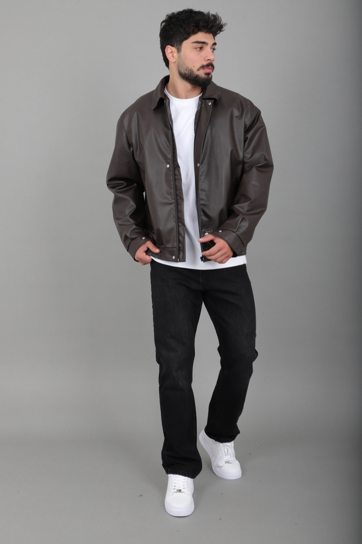کت چرم مصنوعی کمر الاستیک Oversize Bl 1731_50379 — مشکی — تصویر 4 از 8