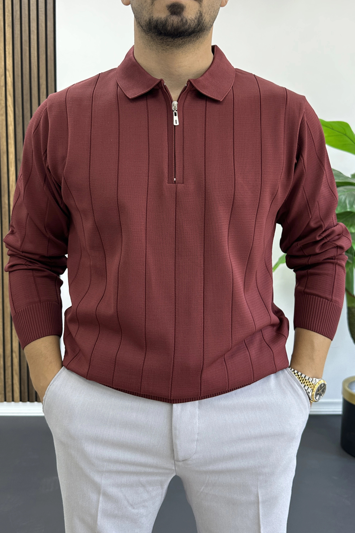 Erkek Yarım Fermuarlı Polo Yaka Mevsimlik Kazak Bordo Edw195 — زرشکی EDW00TX195