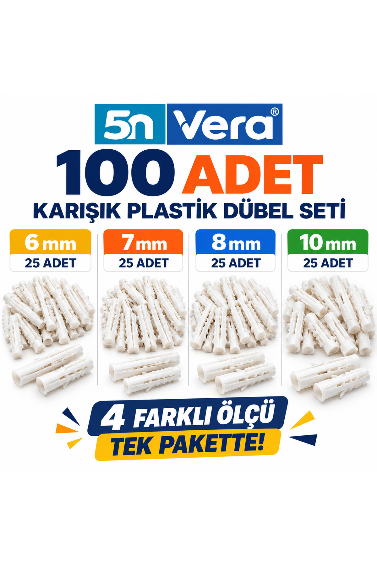 5N VERA Karışık Plastik Dübel Seti 100 Adet | 6 mm, 7 mm, 8 mm, 10 mm | Beton, Tuğla, Briket ve Gazbeton Uyumlu