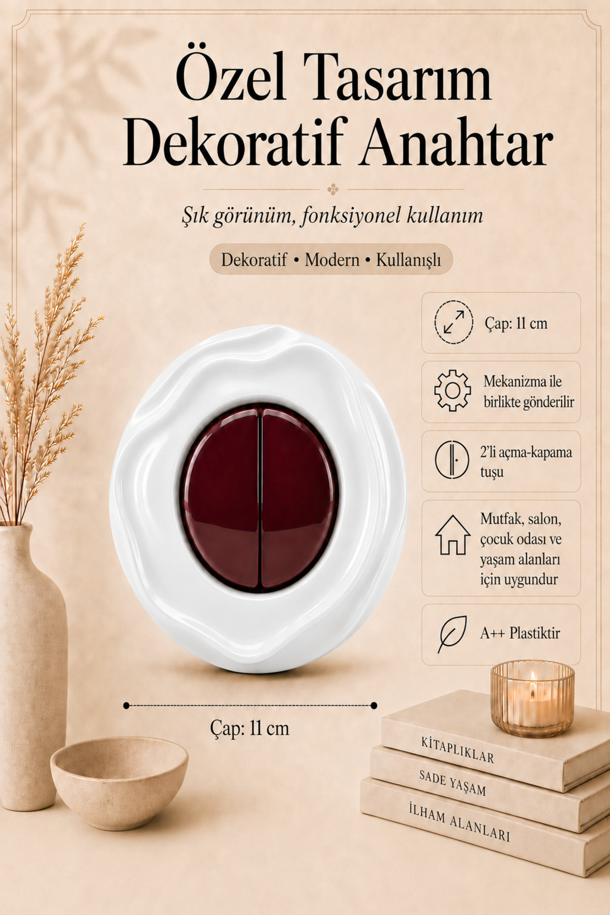 Özel Tasarım Wavy Serisi Dış Beyaz İç Bordo Dekoratif Komütatör Anahtar A Kalite Plastik (Mekanizma Dahildir)
