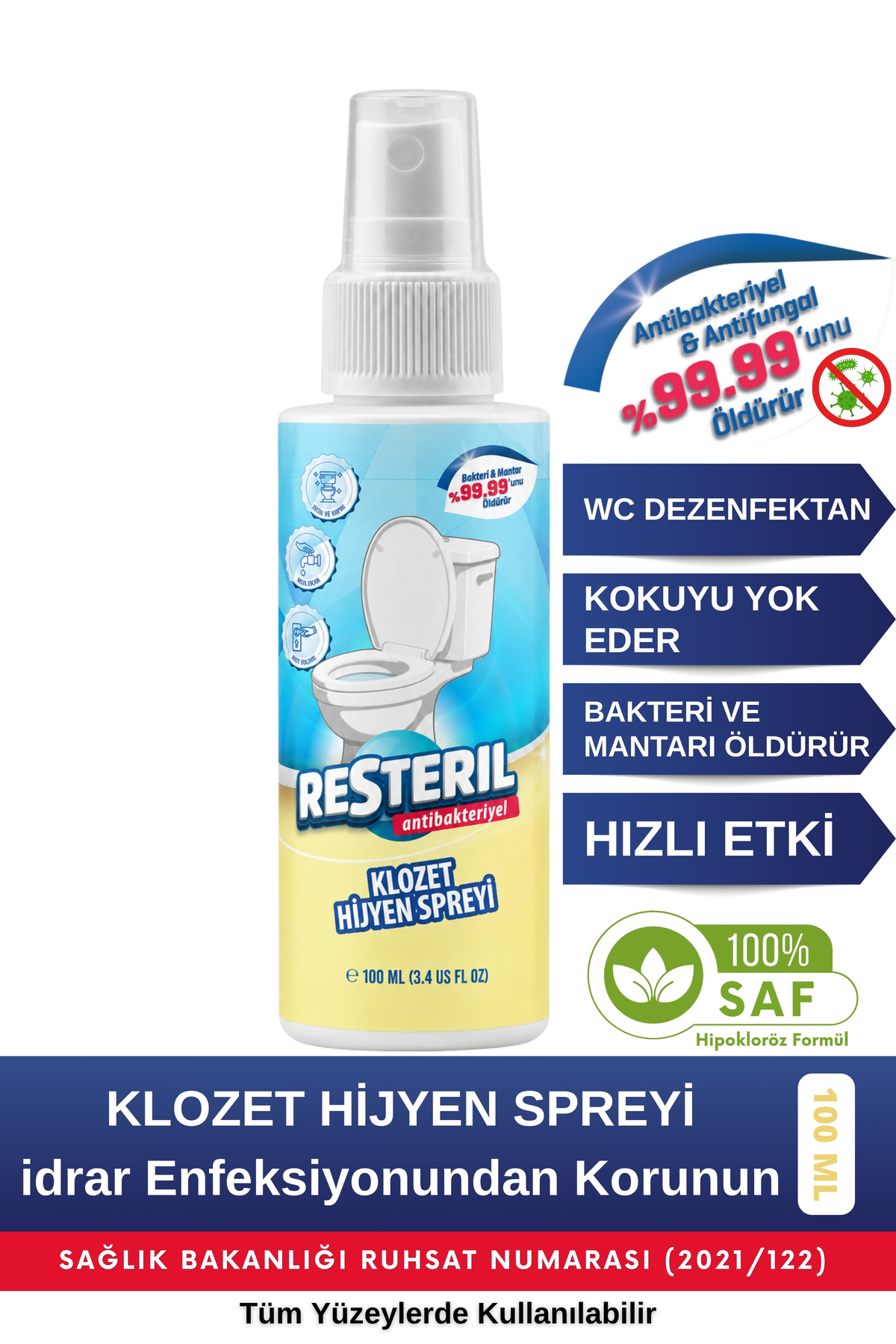 Resteril Klozet Kapağı Temizleyici Dezenfektan 100ml Hızlı Etkili Hipokloröz Asit Tuvalet Koku Giderici Klozet Temizleyici Alkolsüz Hijyen Spreyi