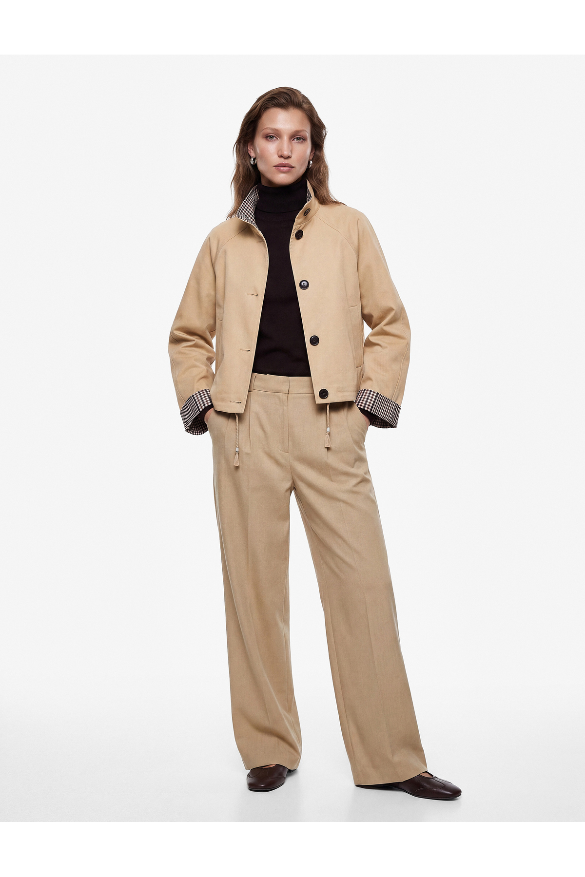 Uzun Kollu Düğmeli Ekose Astarlı Oversize Gabardin Dik Yaka Kısa Trençkot