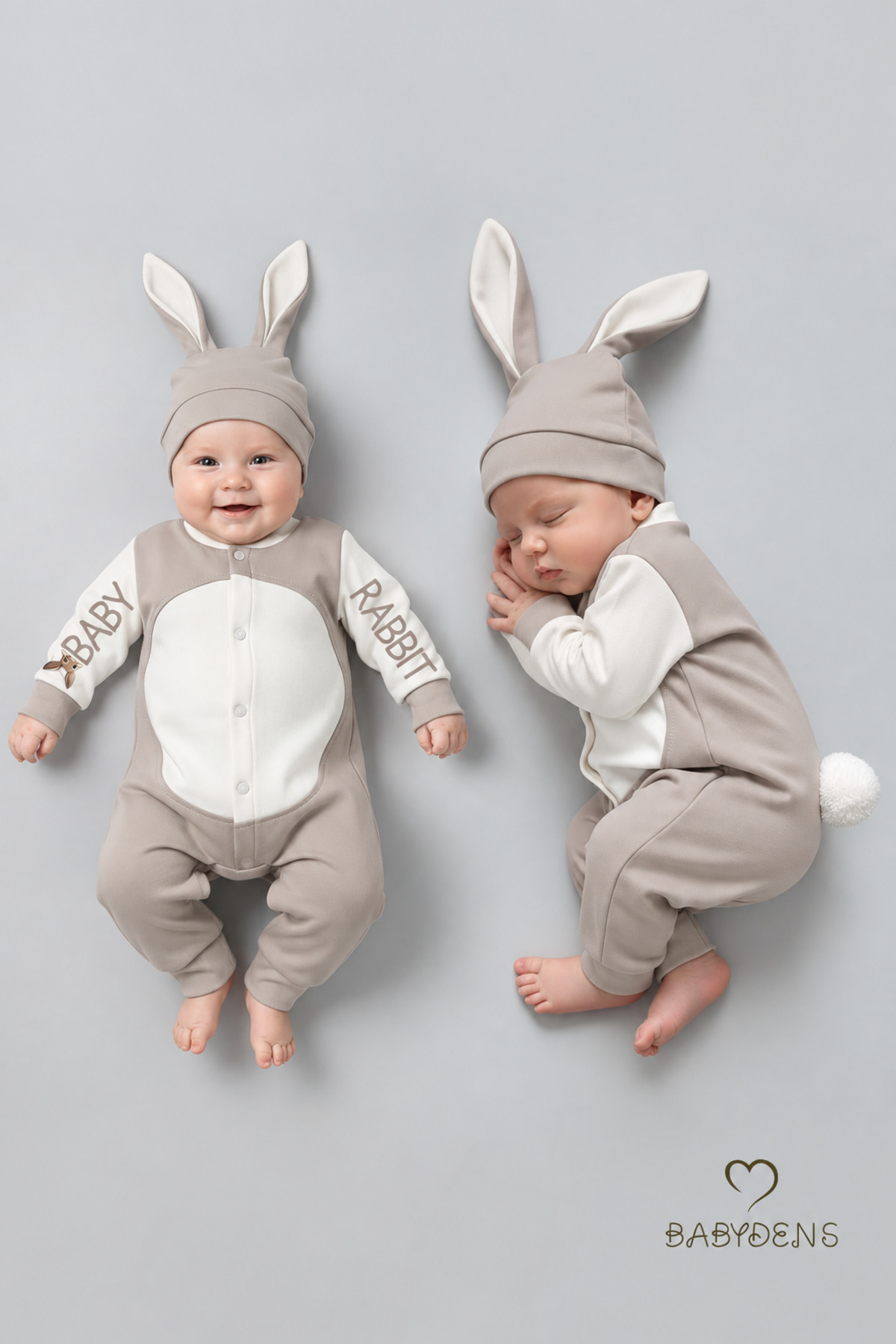 Tavşan Kulaklı Yenidoğan Tulum Seti %100 Pamuklu Ayarlanır Ponponlu Unisex Bebek Tulum Şapka Set