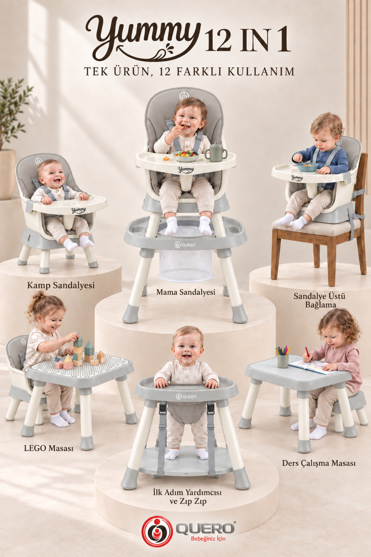 Quero Yummy 12in1 Mama Sandalyesi 12 Özellik Portatif Çalışma, Oyun Masalı Çok Fonksiyonlu Mama Sandalyesi