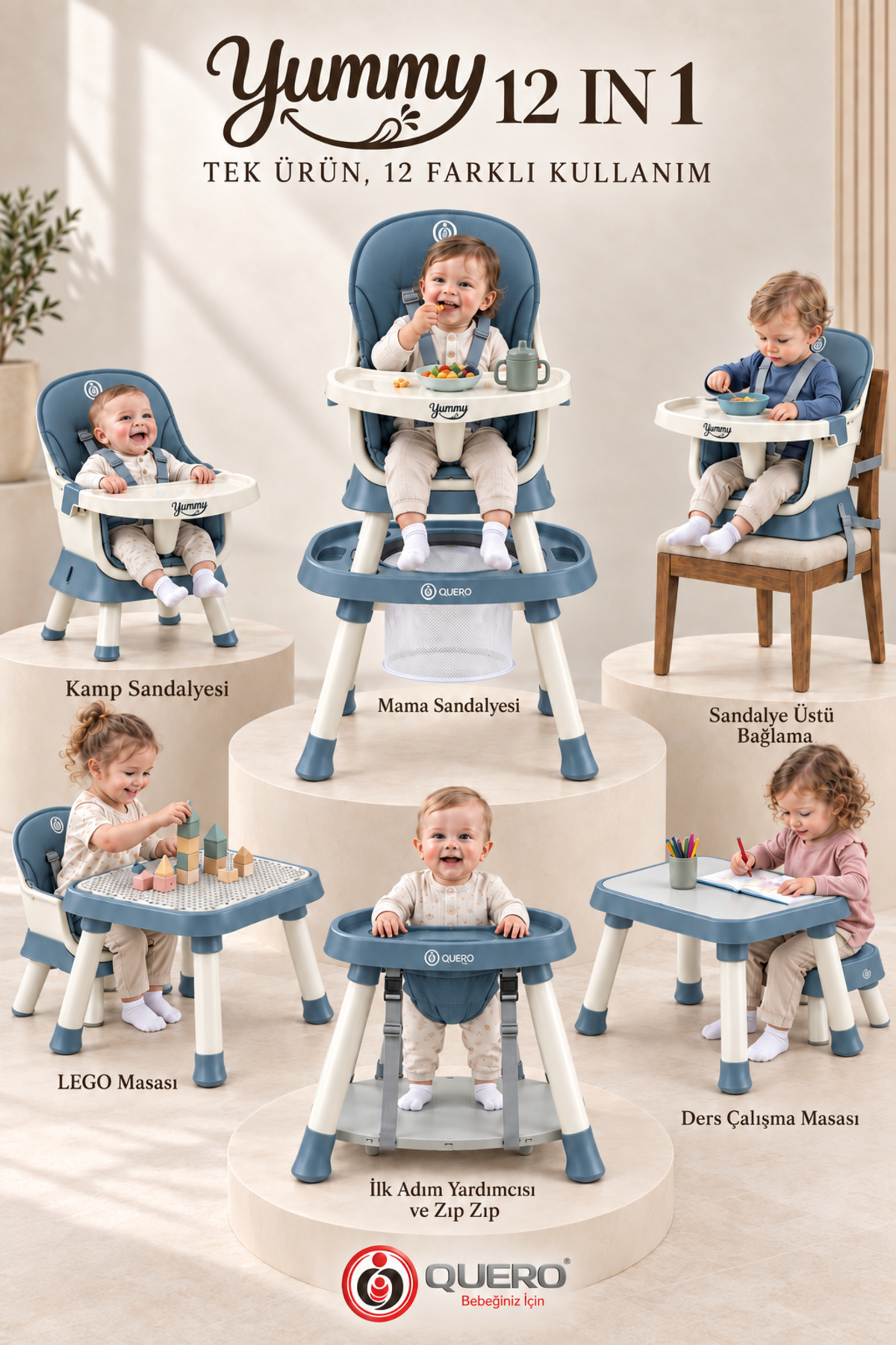 Quero Yummy 12in1 Mama Sandalyesi 12 Özellik Portatif Çalışma, Oyun Masalı Çok Fonksiyonlu Mama Sandalyesi