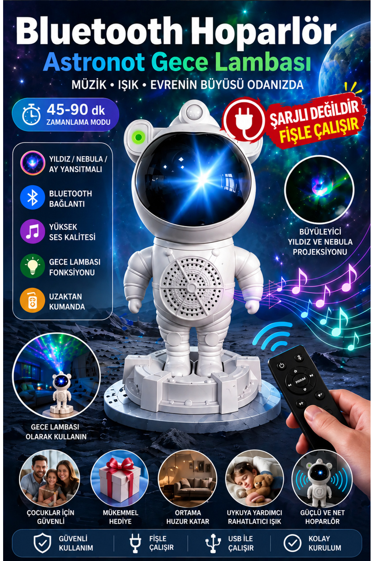 nextbuy Astronot Bluetooth Hoparlör Galaxy Bulutsusu Ay Tavan Gökyüzü Projektör Zamanlayıcı Gece Lambası