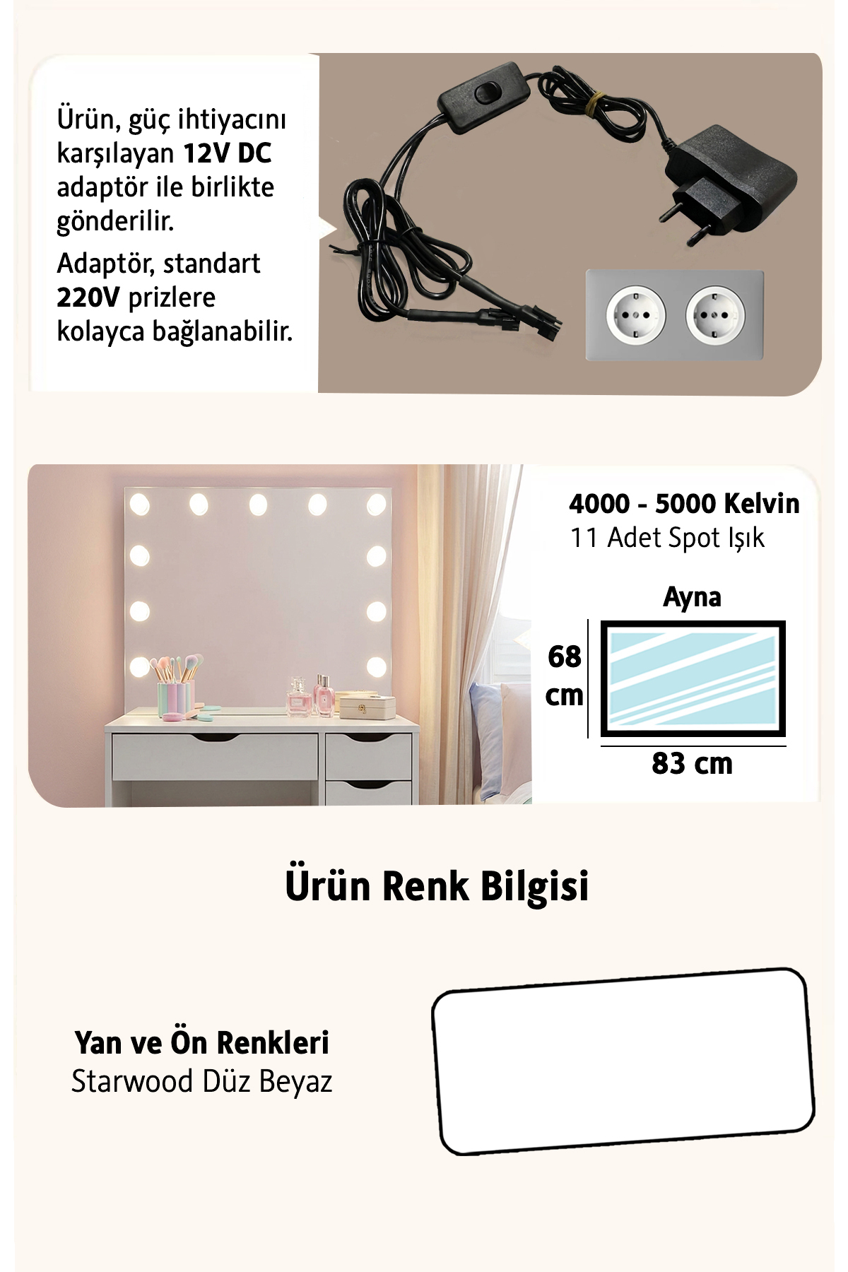 میز آرایش دیوا هالیوود با آینه LED و 6 کشو، رنگ سفید صاف