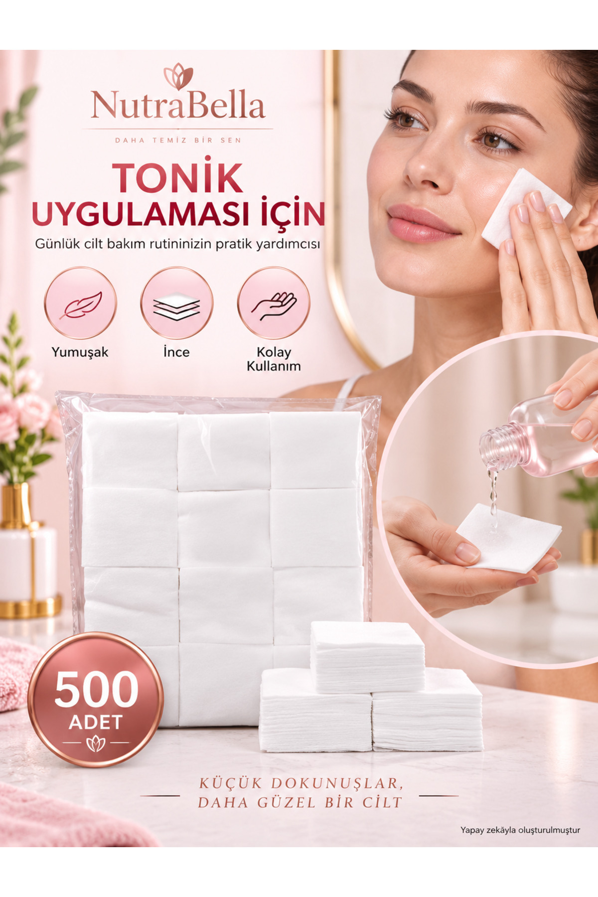NutraBella Makyaj Temizleme Pedi, Ince, Yumuşak Yüz Temizleme Mendilleri Kirpik Temizliği 500 Adet
