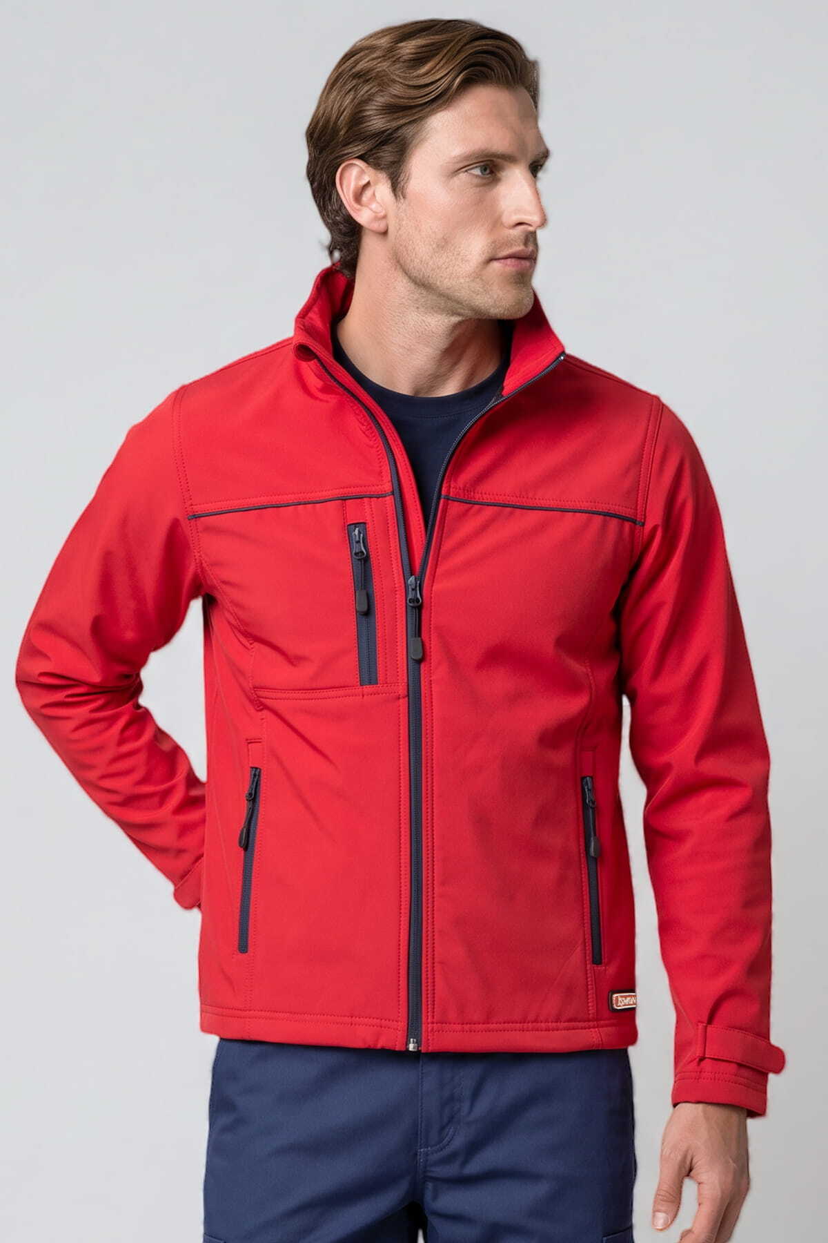 Unisex Kırmızı Tam Fermuarlı Polarlı Softshell Mont Regular Cepli Polo Yaka Rüzgara Dayanıklı — قرمز 01 M038-06