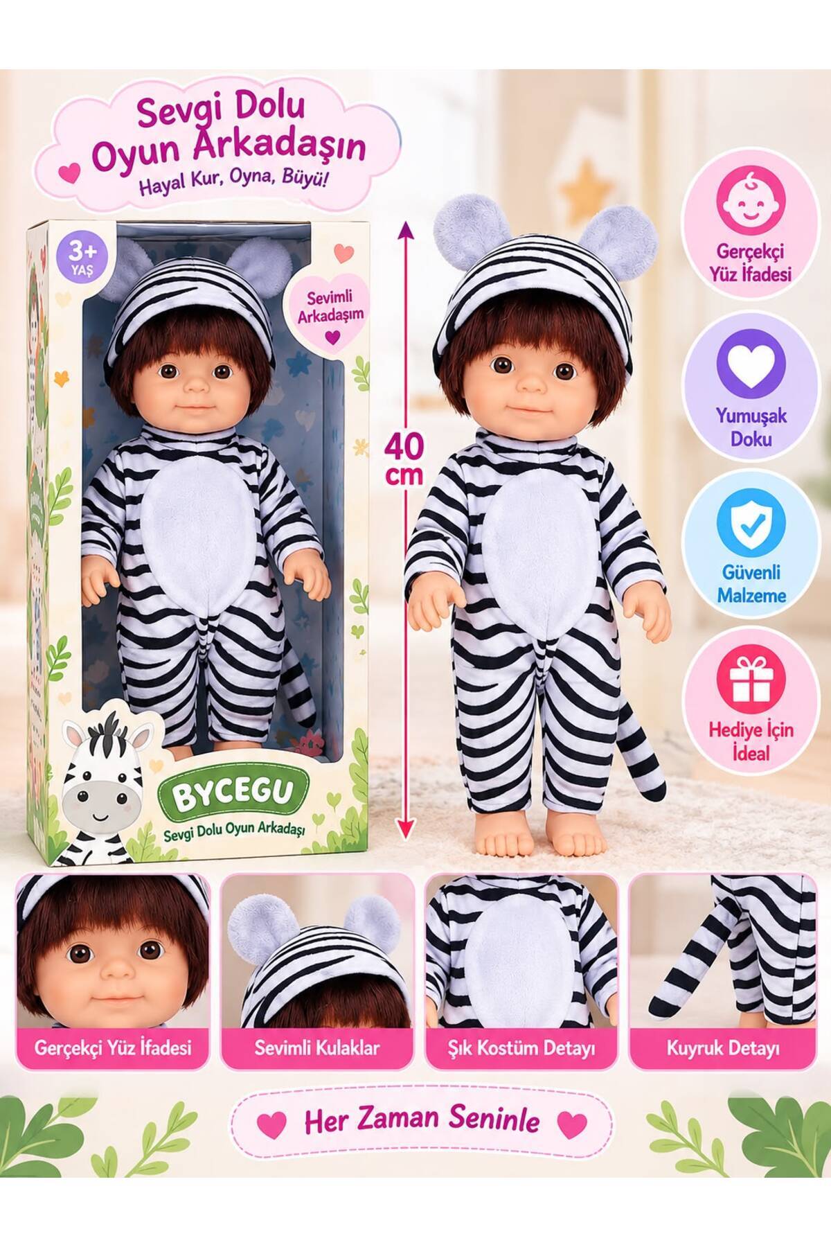 BYCEGU 26236 ZEBRA MODEL HAYVAN KOSTÜMLÜ KIZIL SAÇLI 40 CM OYUNCAK