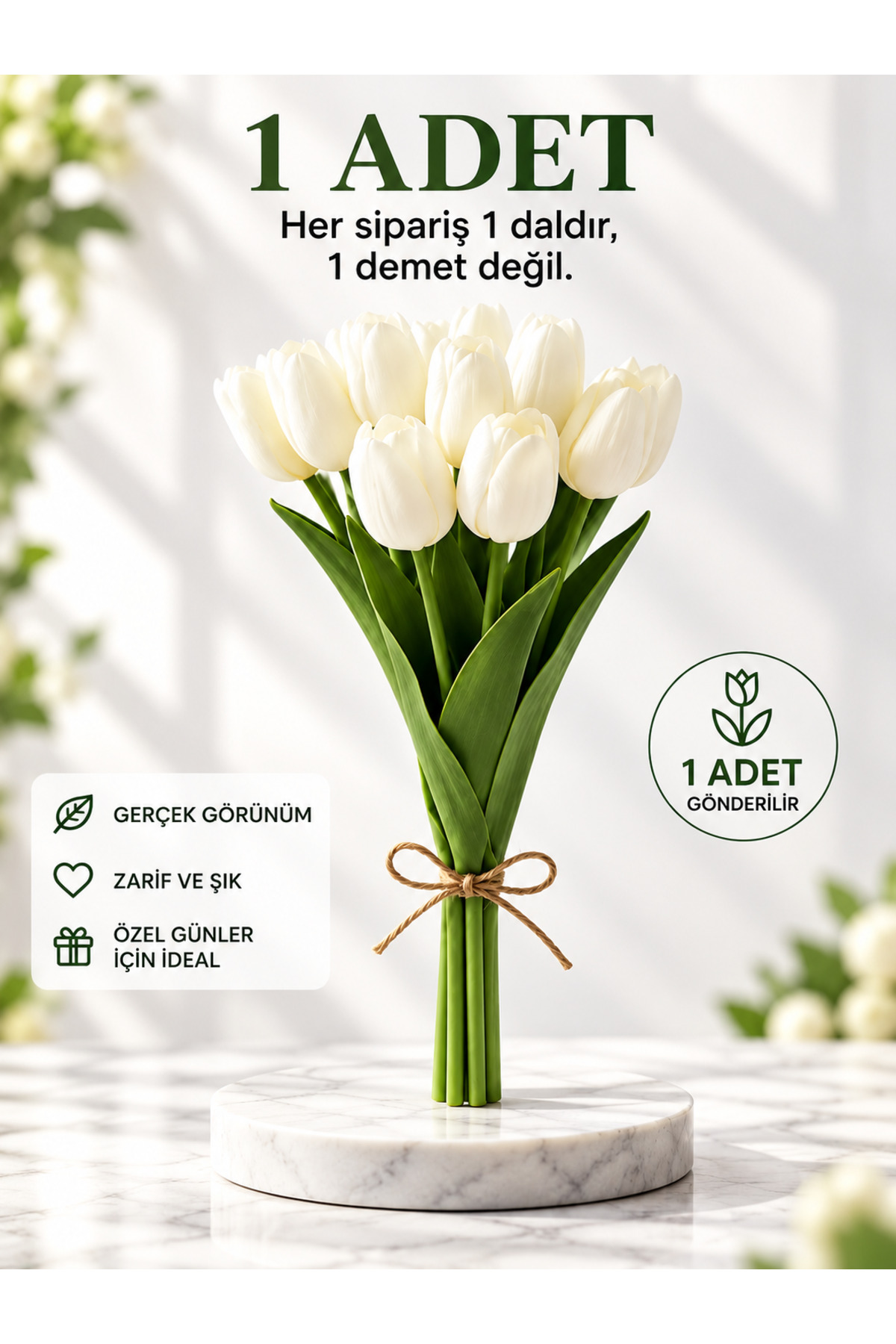 1 Dal Beyaz Çınar Islak Lale Yapay Dekor Masa Süsü