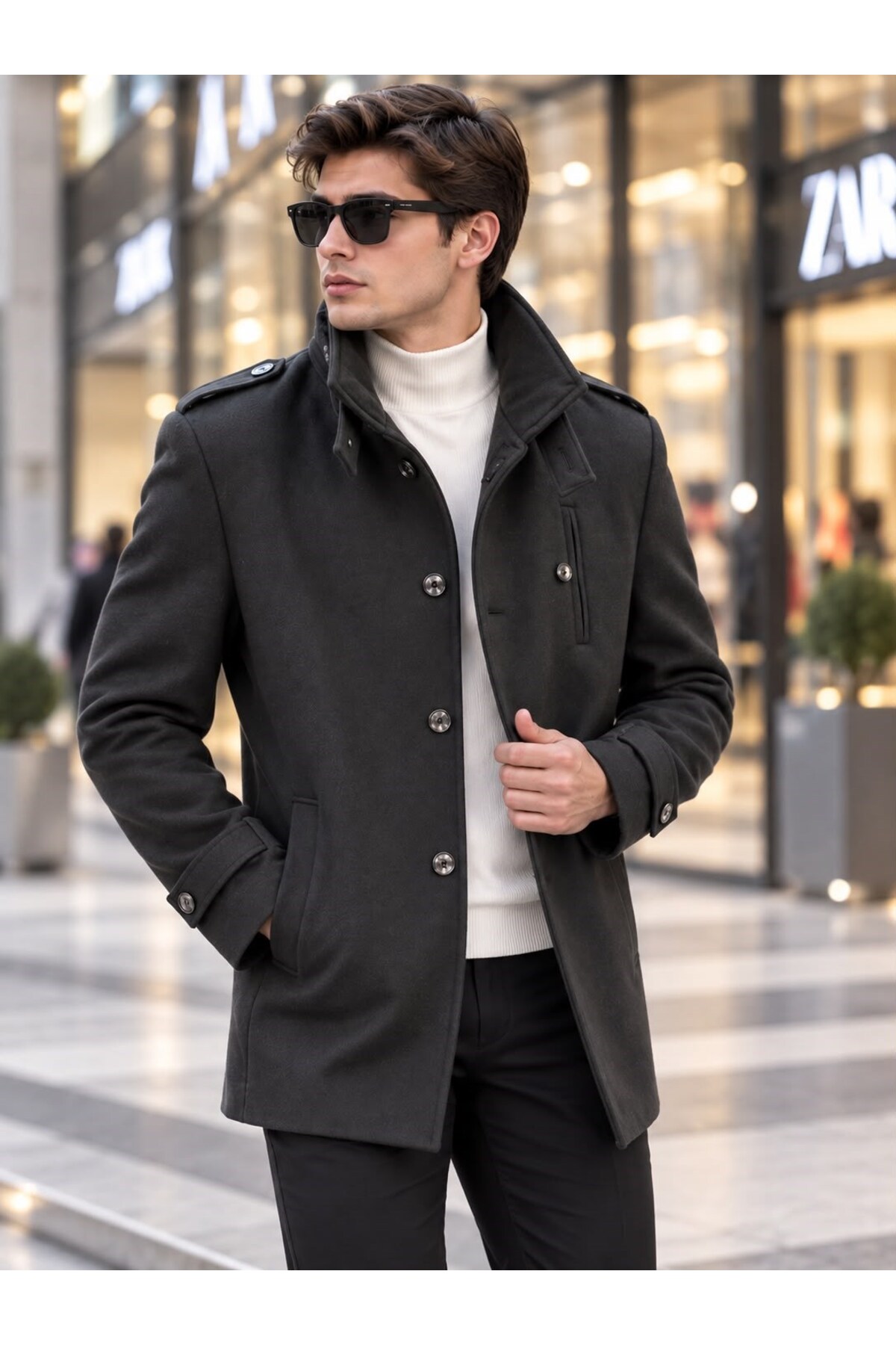 Erkek Kaşe Kumaş Kaban — مشکی Y2235 — تصویر 2 از 4