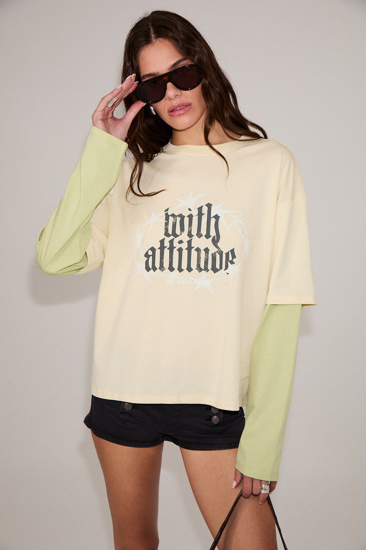 RIVOSSA Kadın Taş Baskılı Uzun Kollu BEJ-YEŞİL T-Shirt