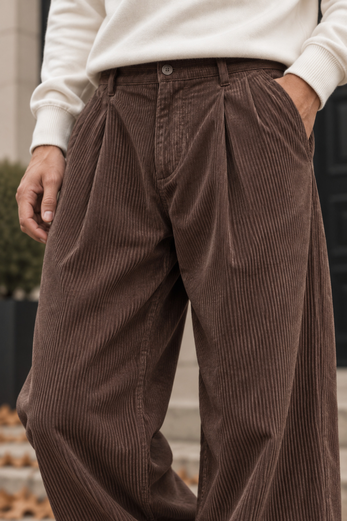 Erkek Pileli Geniş Paça Kadife Pantolon - Kahverengi — قهوه‌ای 1519QHOX — تصویر 2 از 5