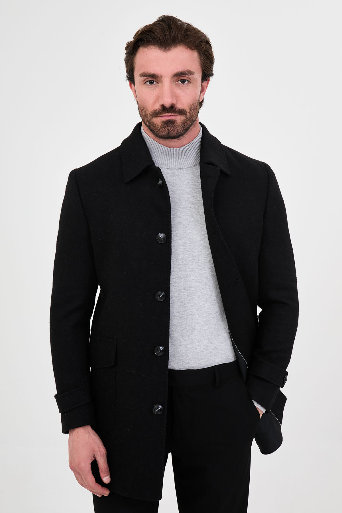 Dokulu Slim Fit Gömlek Yaka Düğmeli Torba Cepli Yün Erkek Kaban Siyah - 21343.26K — رنگارنگ — تصویر 6 از 7