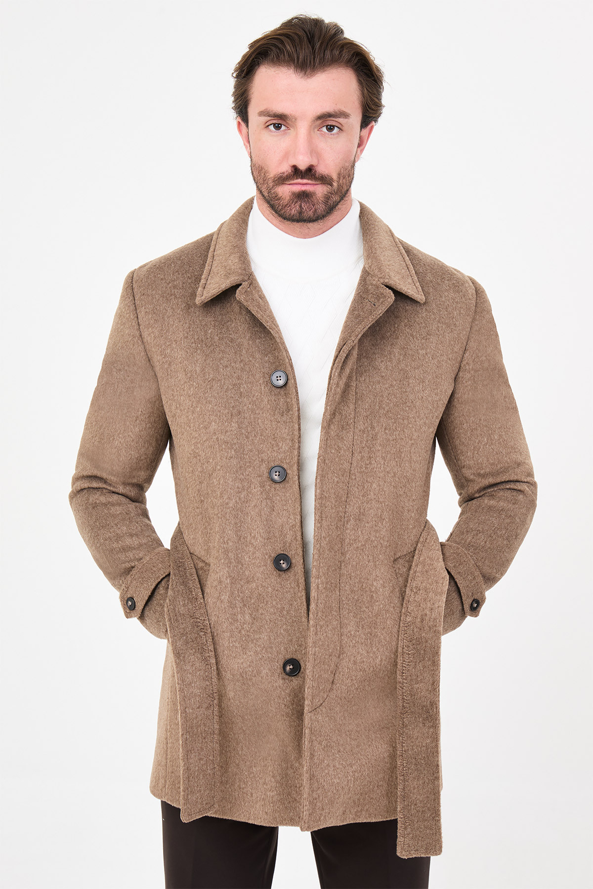 Düz Slim Fit Gömlek Yaka Kuşaklı Kaşe Erkek Kaban Kahve - 21288.23K — رنگارنگ