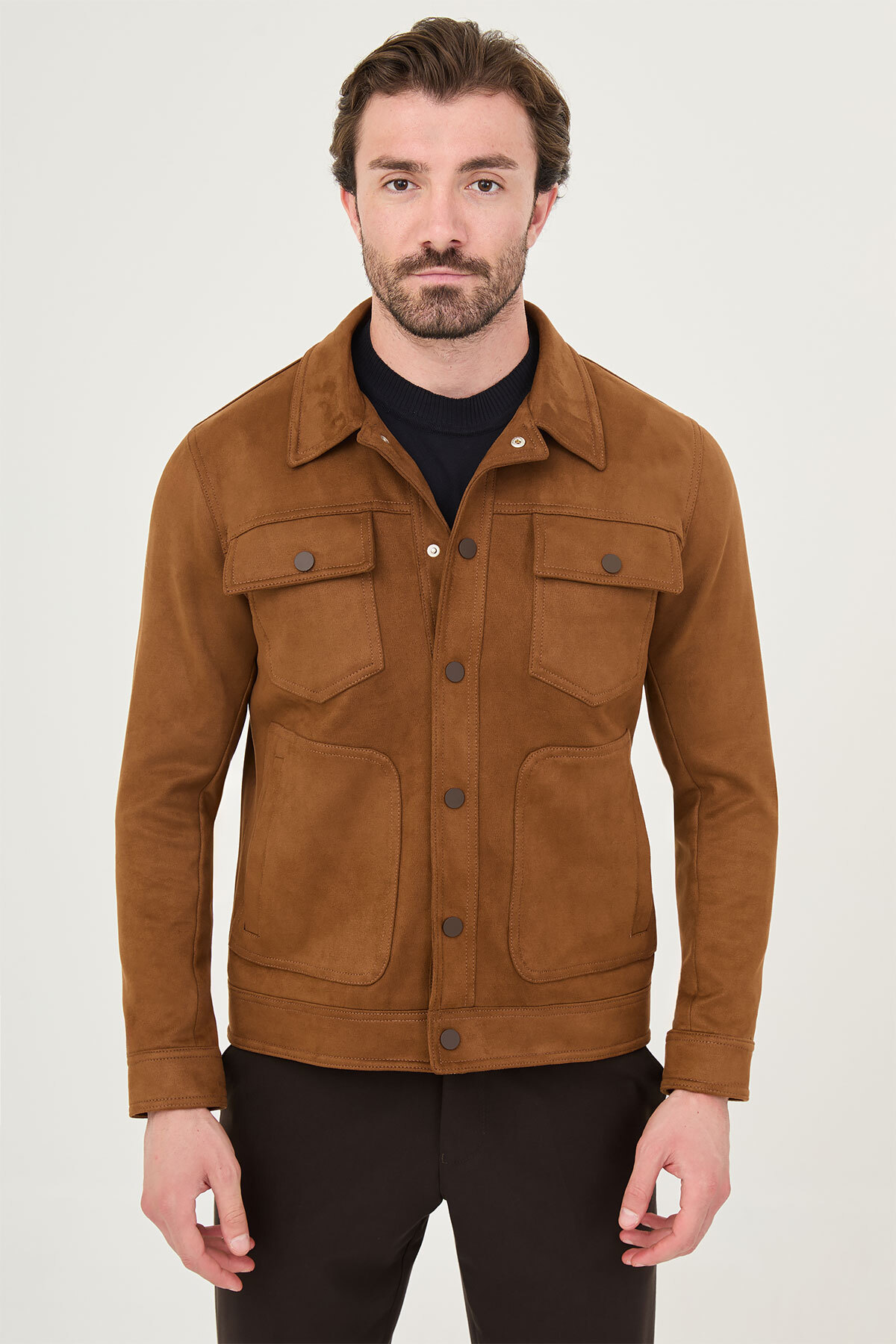 Düz Slim Fit Gömlek Yaka Çıtçıtlı Süet Erkek Mont Kamel - 39681.26K — رنگارنگ — تصویر 2 از 7
