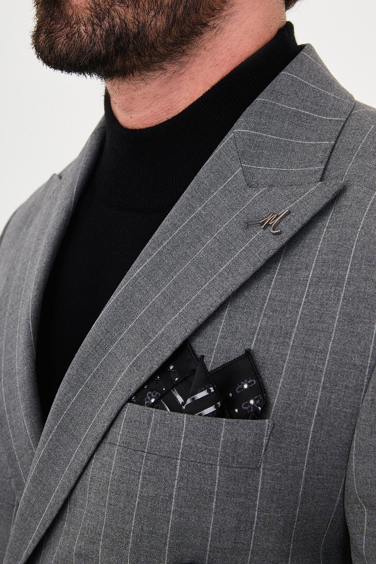 Çizgili Slim Fit Geniş Yaka Kruvaze İtalyan Stil Duble Paça Pantolon Erkek Takım Elbise Gri - 45486.26K — رنگارنگ — تصویر 2 از 6