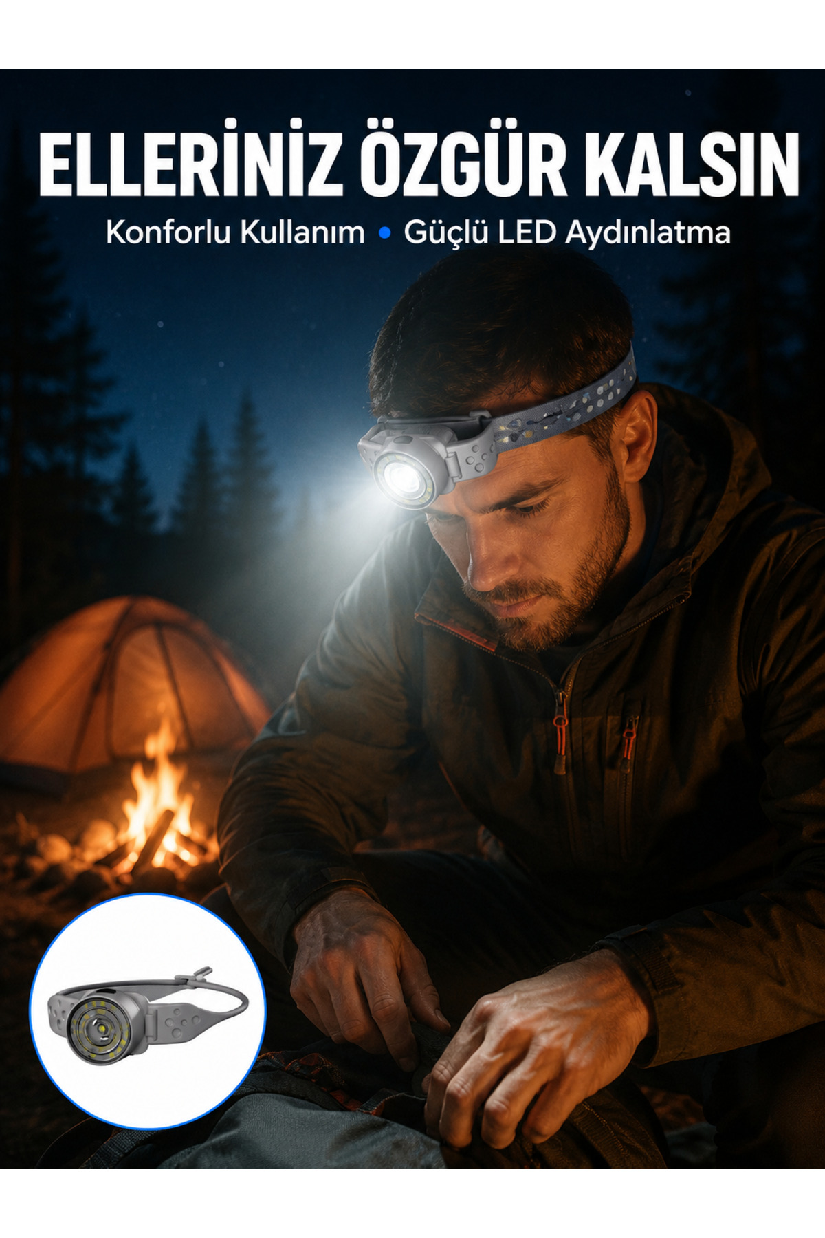 EMVERA LED Kafa Feneri Ayarlanabilir Baş Bantlı Güçlü Aydınlatma Lambası