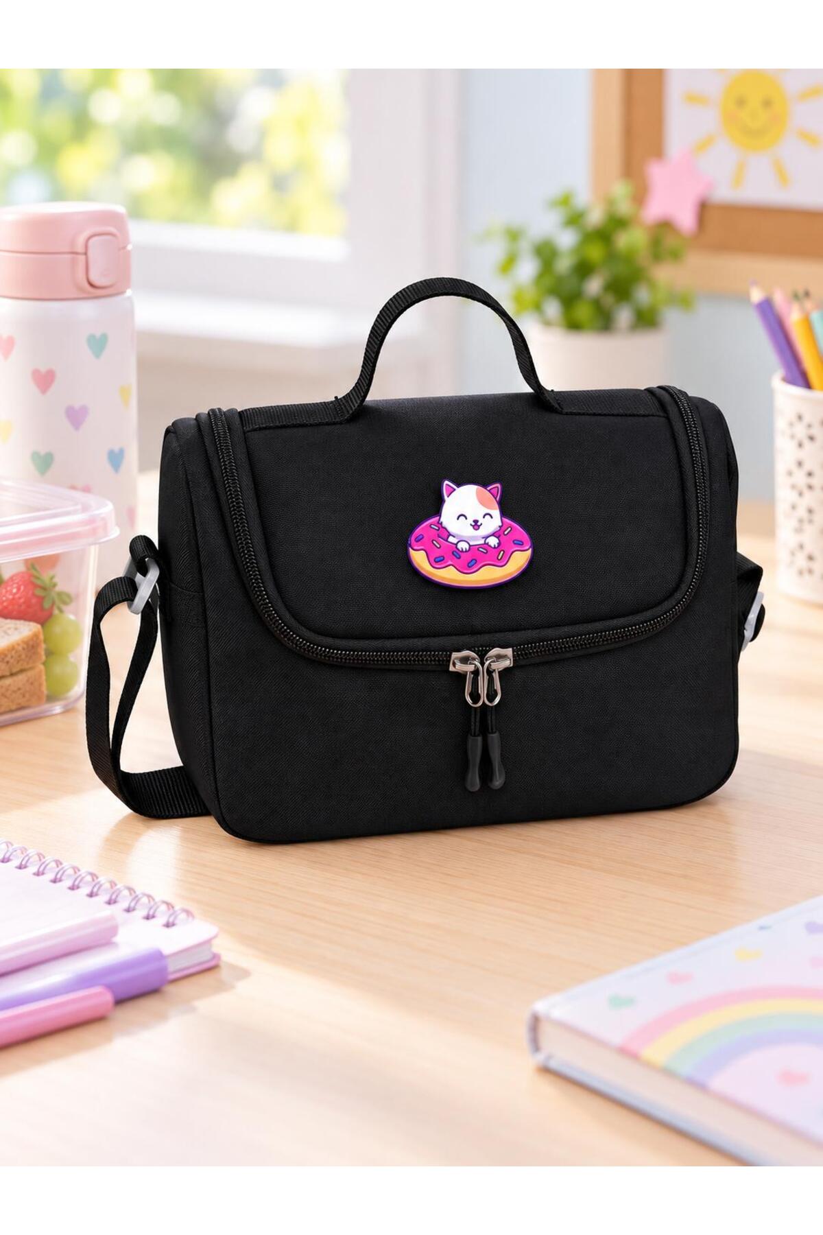 GreandBags Siyah Termoslu Lüx Kumaş Beslenme Çantası Okul Çantası