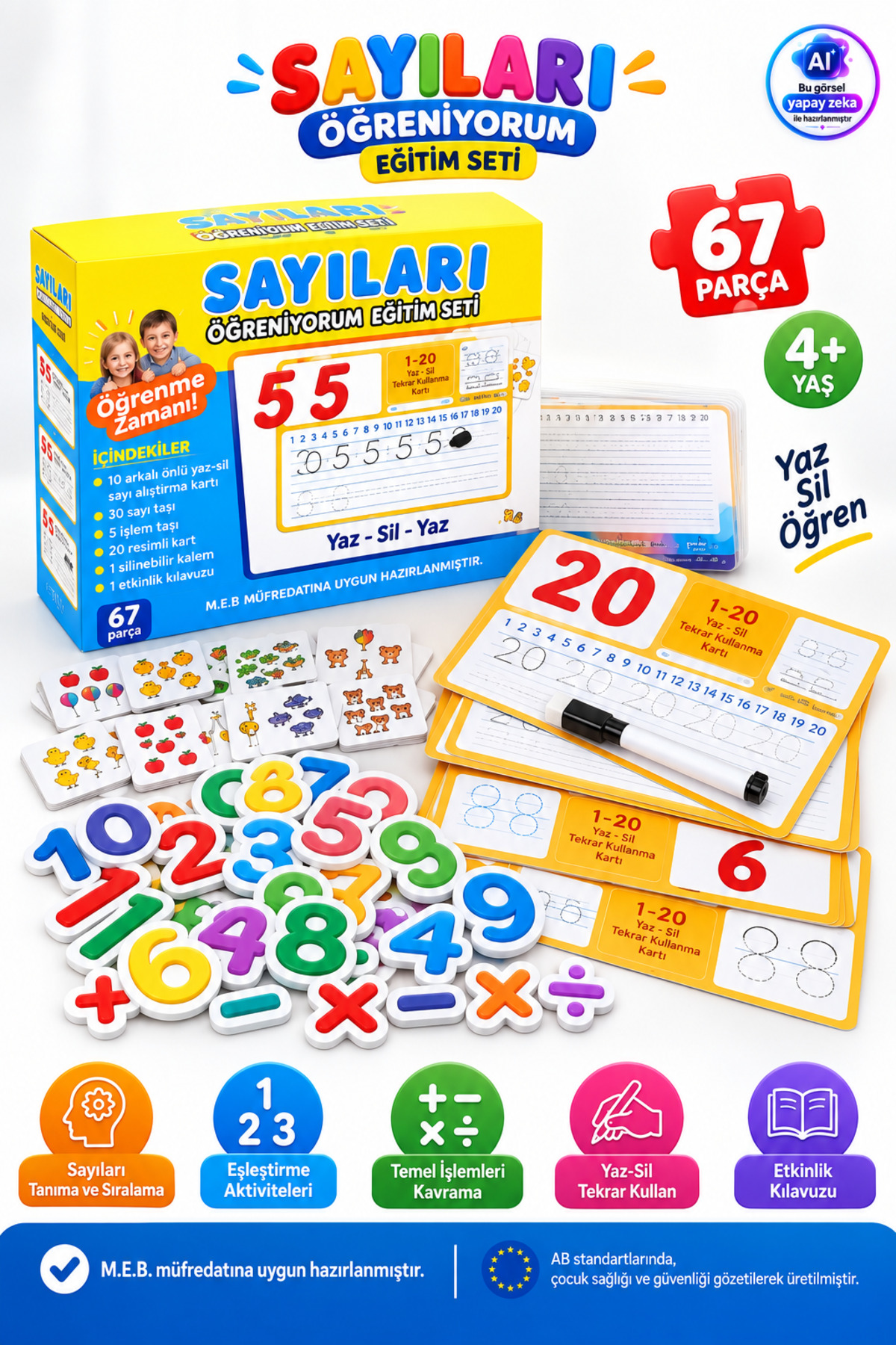 YILDIRIM OYUNCAK Sayıları Öğreniyorum 67 Parça Yaz Sil Eğitim Seti – Sayı İşlem ve Eşleştirme Kartları 4+ Yaş