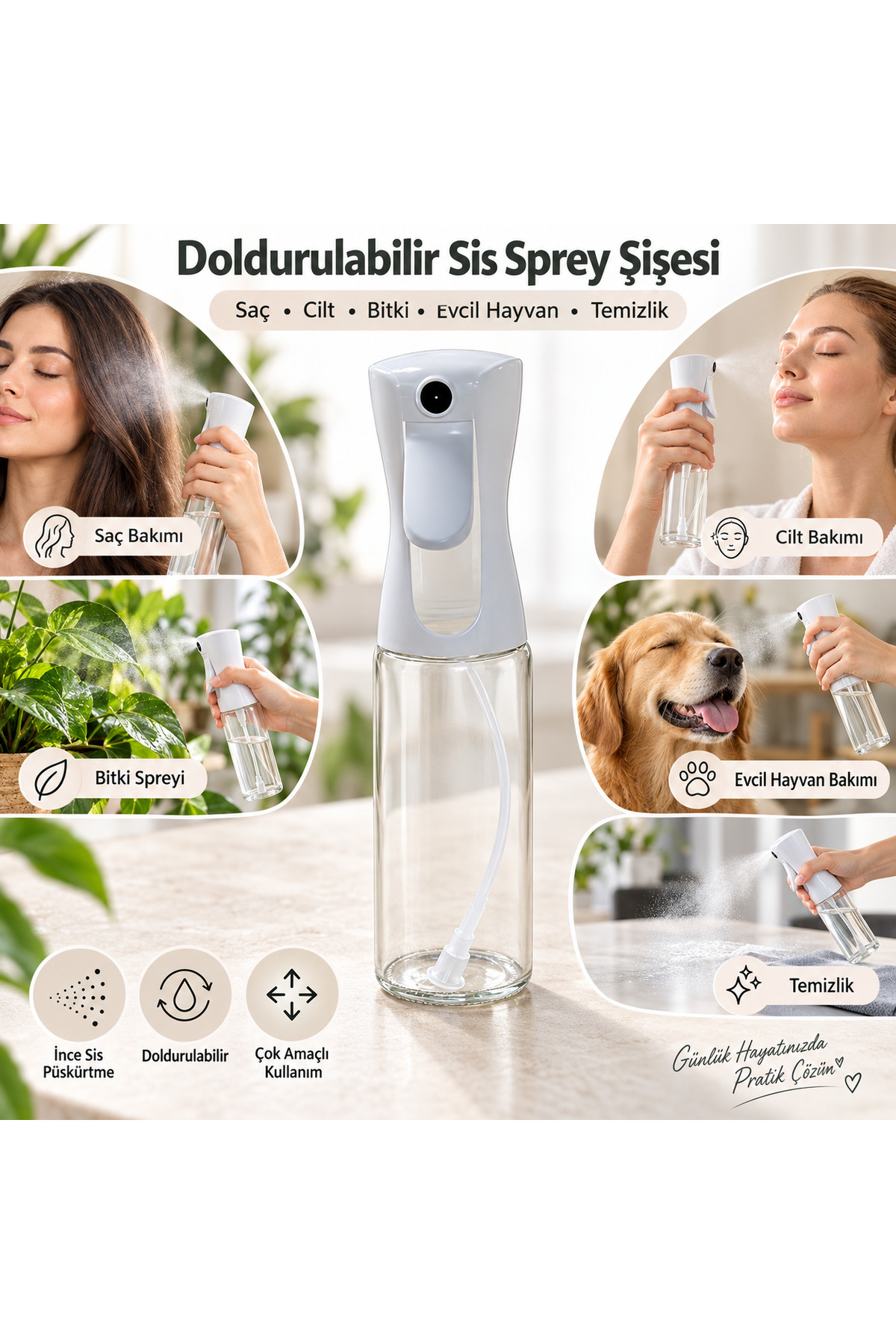 Doldurulabilir İnce Sis Sprey Şişesi – Saç, Cilt, Bitki, Evcil Hayvan ve Temizlik İçin Çok Amaçlı Sprey — ARV-SPREYŞİŞESİ