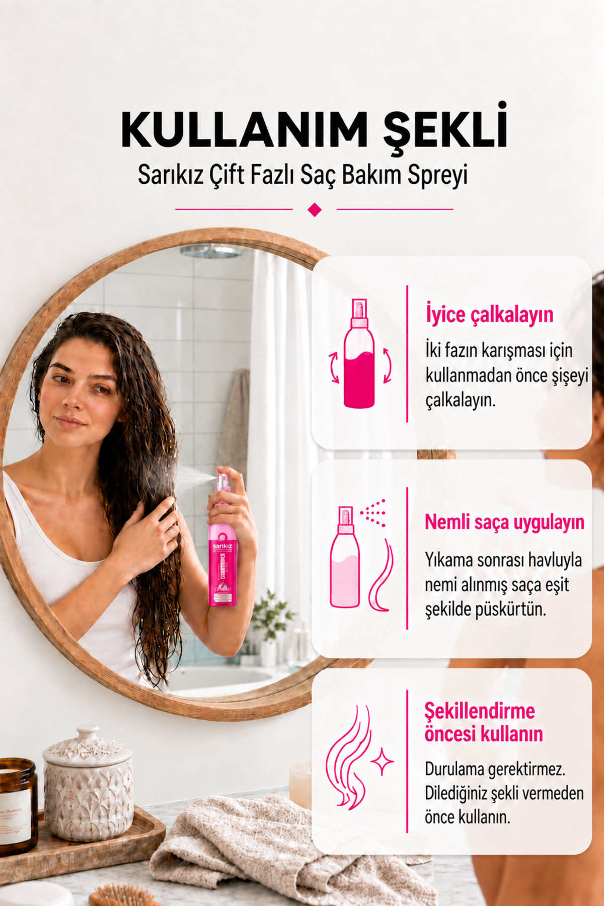Çift Fazlı Fön Suyu Saç Bakım Spreyi – Elektriklenme Karşıtı, Kolay Tarama ve Parlaklık | 400 ml — 0001conditioner-sarıkız — تصویر 3 از 3