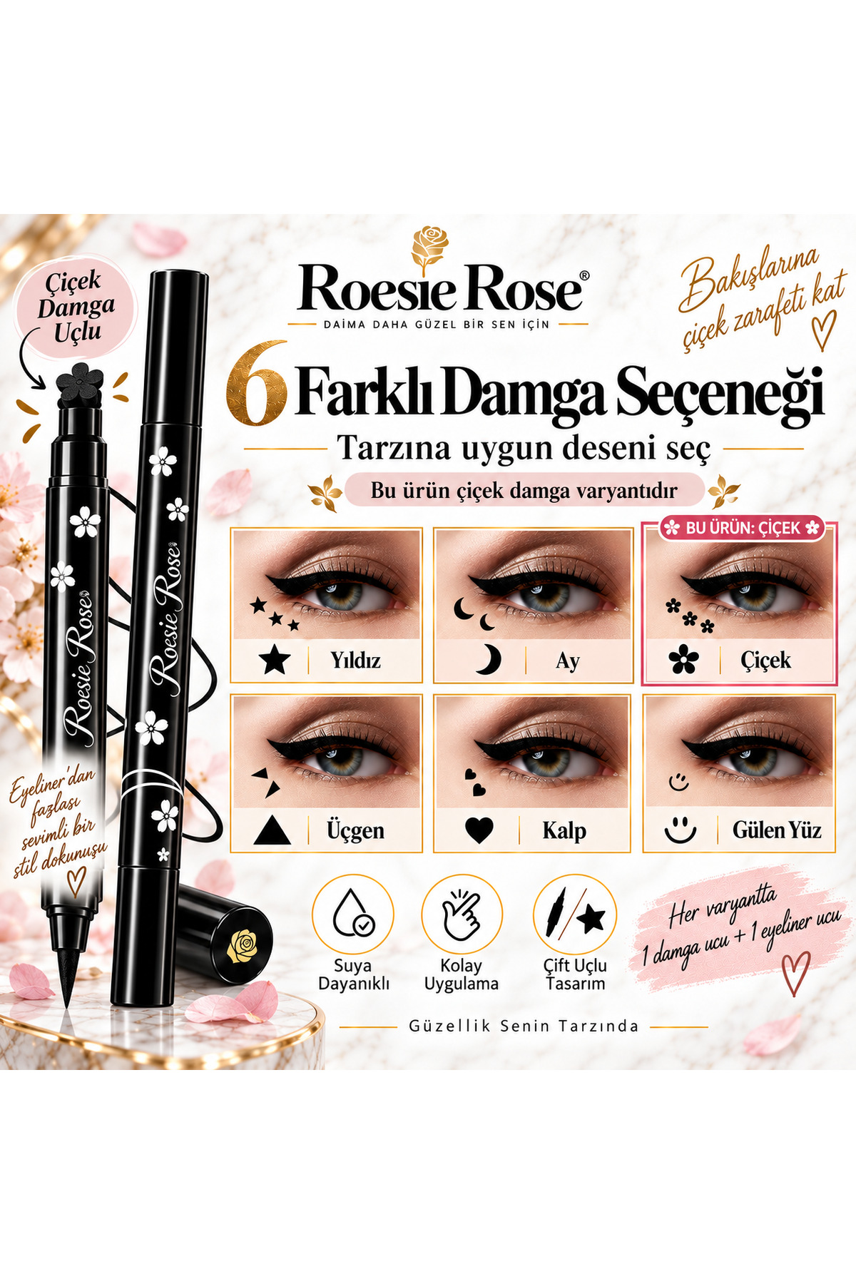 Çift Uçlu Çiçek Damgalı Eyeliner Siyah İnce Uçlu Stamp Makyaj Kalemi — مشکی 365279 — تصویر 6 از 8