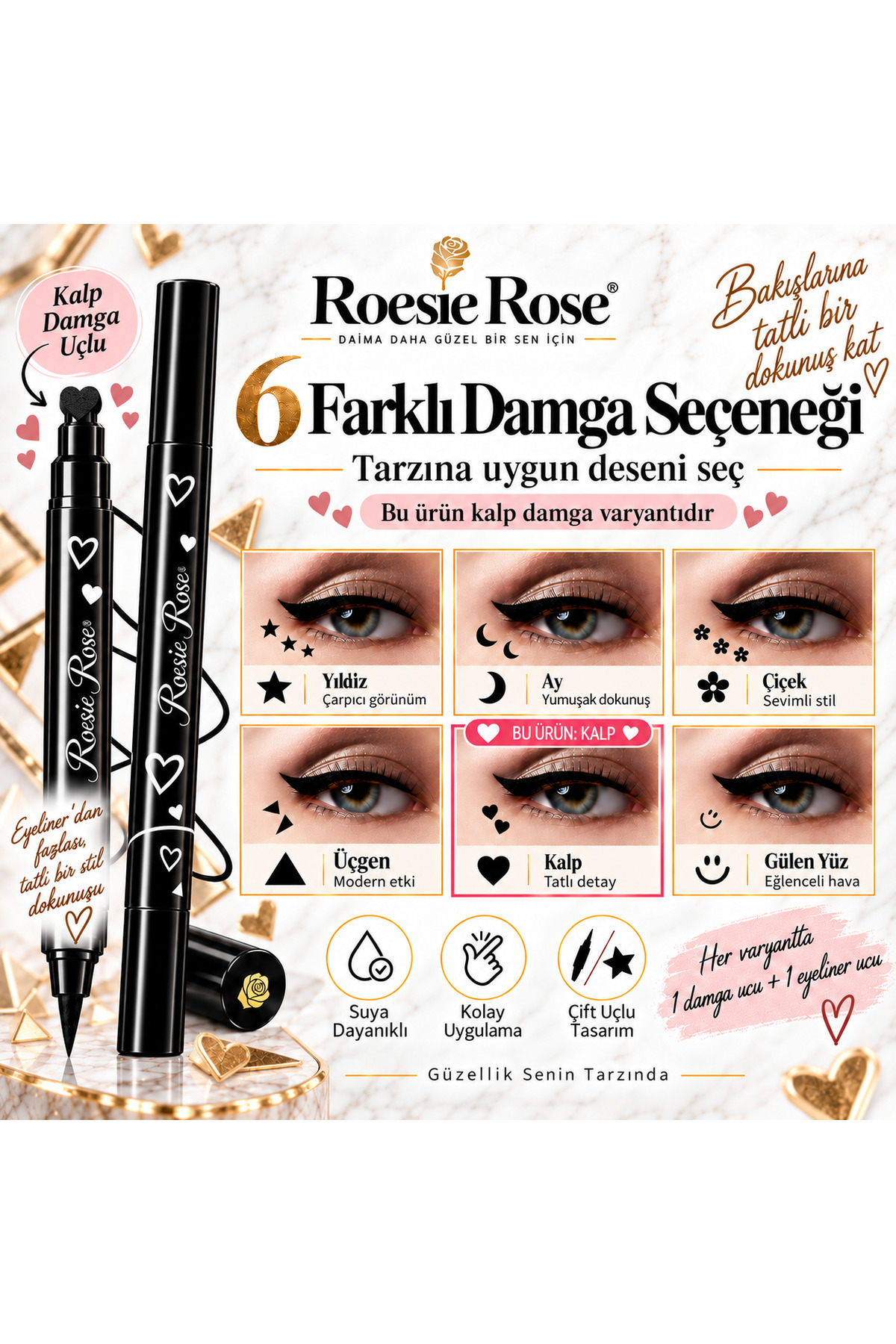 Çift Uçlu Kalp Damgalı Eyeliner Siyah İnce Uçlu Stamp Makyaj Kalemi — مشکی 365279 — تصویر 6 از 8