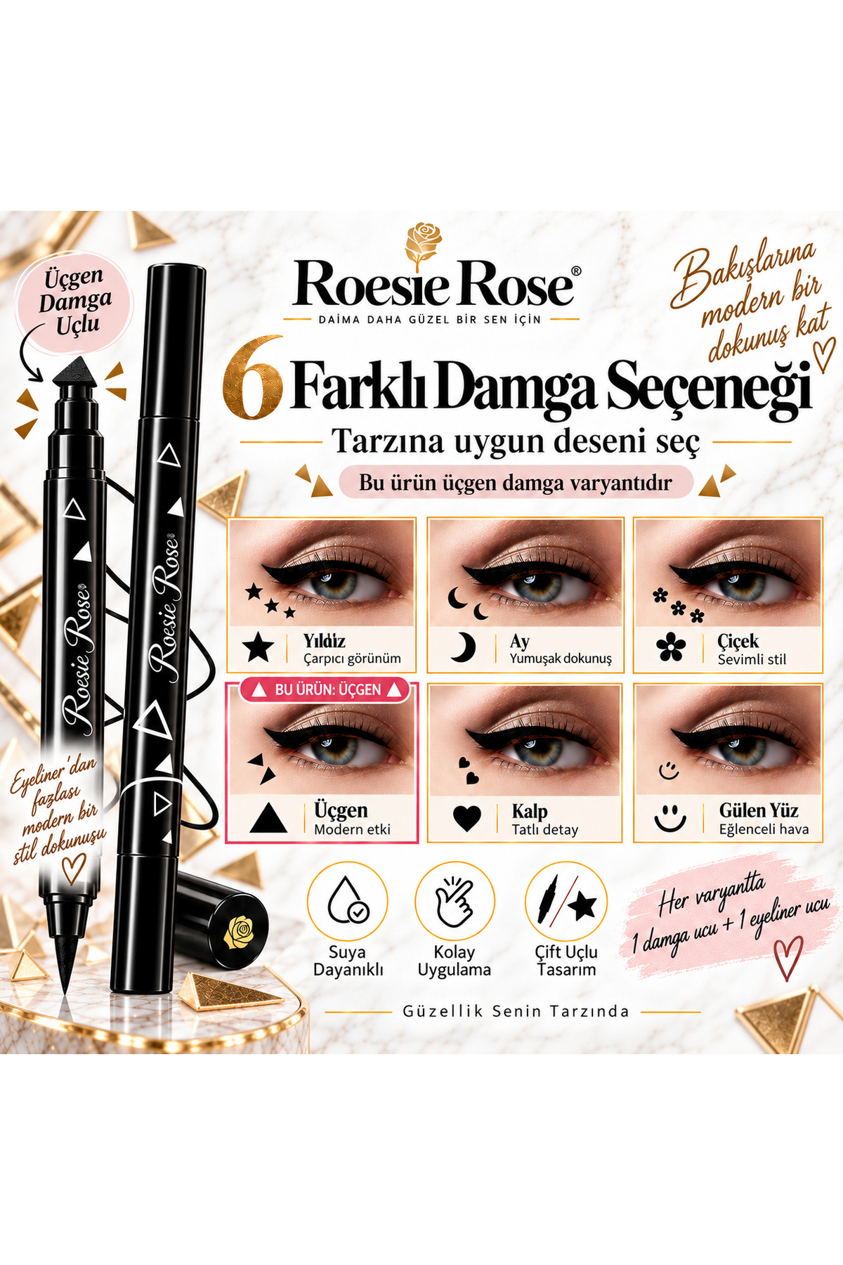 Çift Uçlu Üçgen Damgalı Eyeliner Siyah İnce Uçlu Stamp Makyaj Kalemi — مشکی 365279 — تصویر 6 از 8