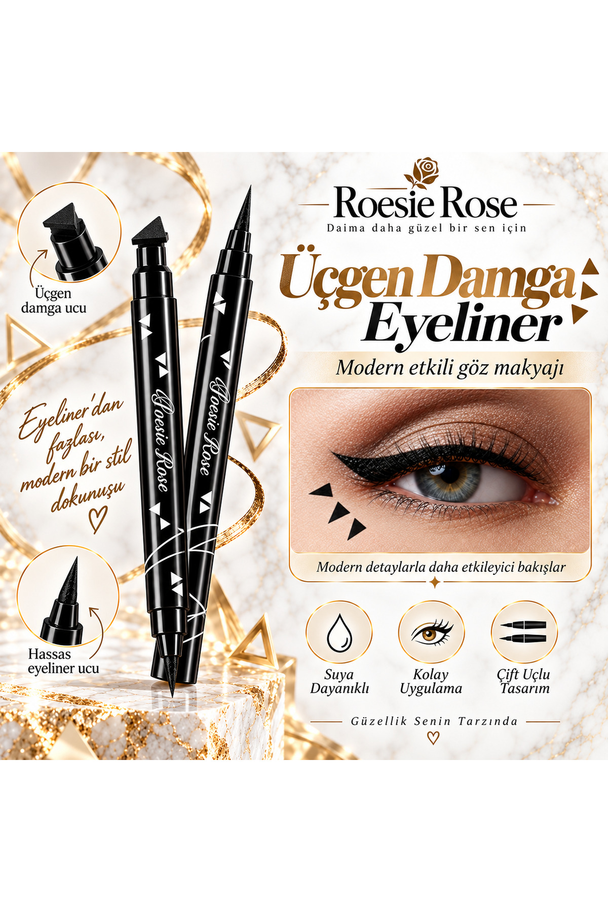 Çift Uçlu Üçgen Damgalı Eyeliner Siyah İnce Uçlu Stamp Makyaj Kalemi — مشکی 365279 — تصویر 3 از 8