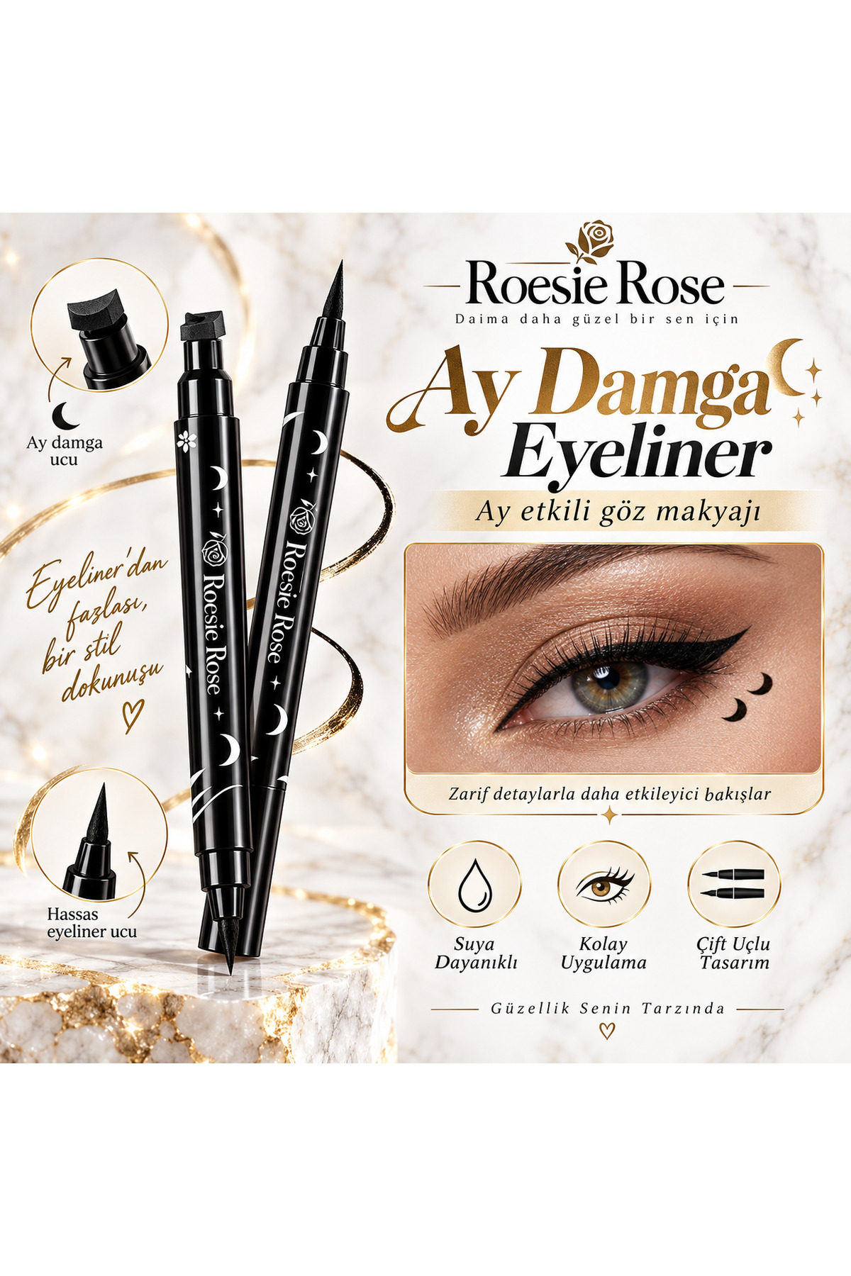 Çift Uçlu Ay Damgalı Eyeliner Siyah İnce Uçlu Stamp Makyaj Kalemi — مشکی 365279 — تصویر 3 از 8