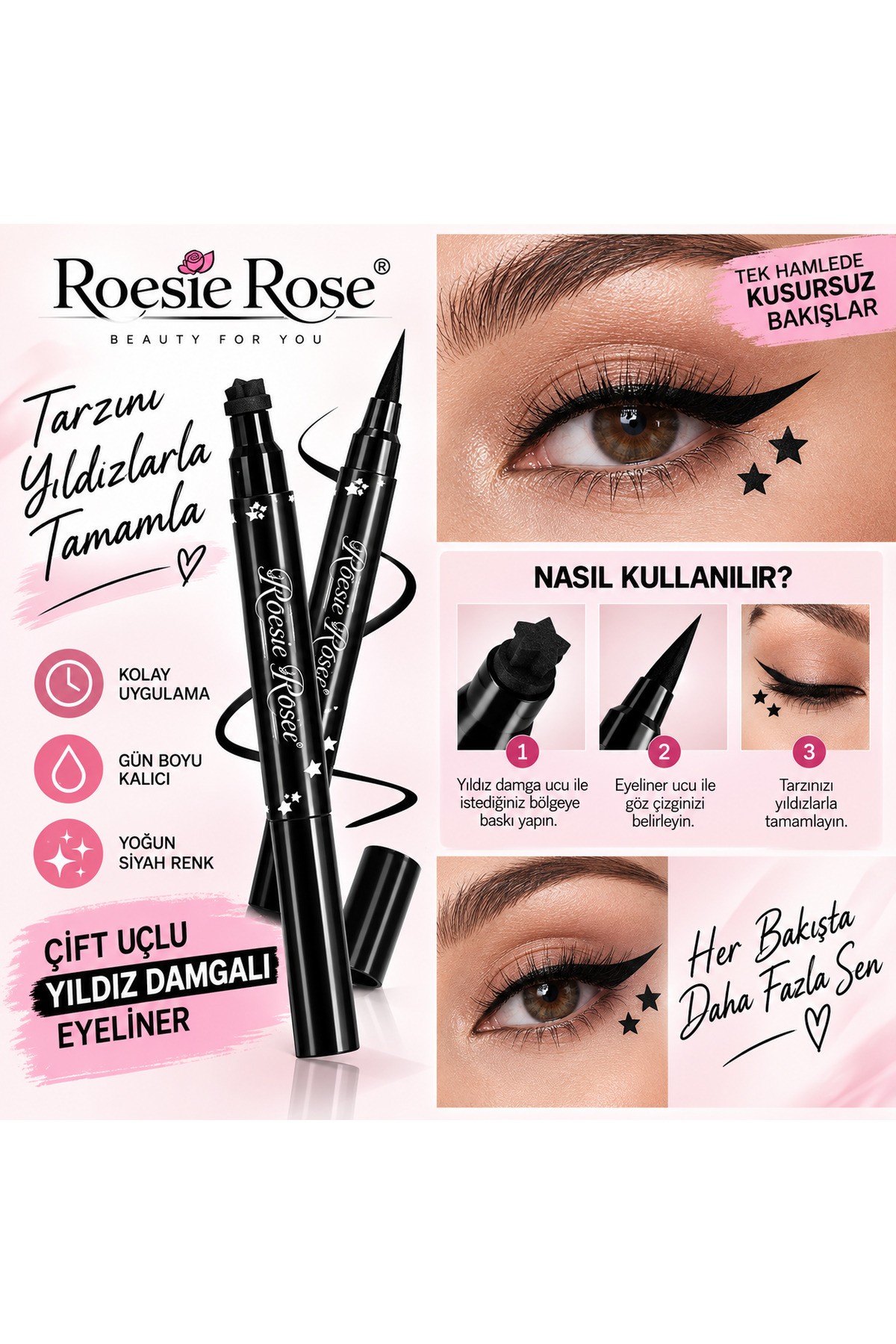 Çift Uçlu Yıldız Damgalı Eyeliner Siyah İnce Uçlu Stamp Makyaj Kalemi — مشکی 365279 — تصویر 5 از 8