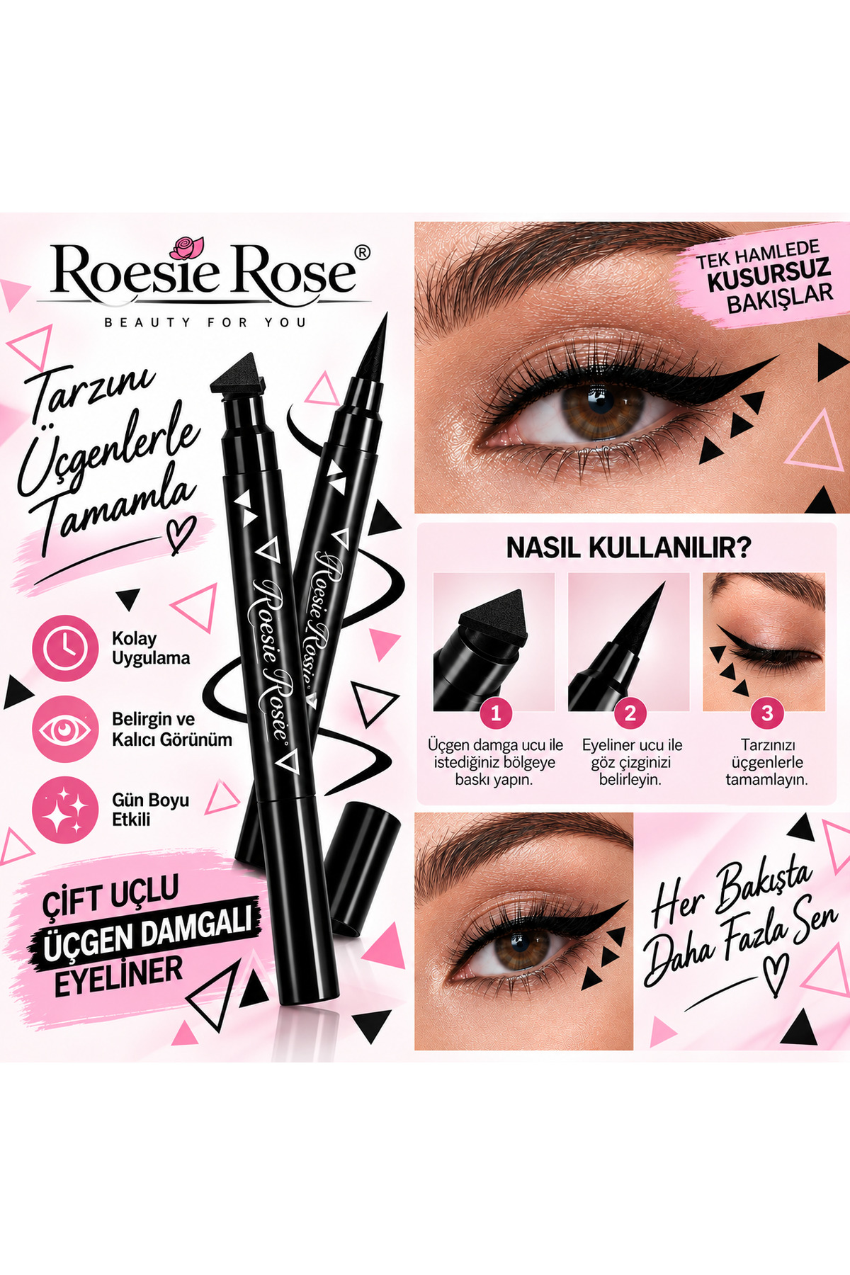 Çift Uçlu Üçgen Damgalı Eyeliner Siyah İnce Uçlu Stamp Makyaj Kalemi — مشکی 365279 — تصویر 5 از 8
