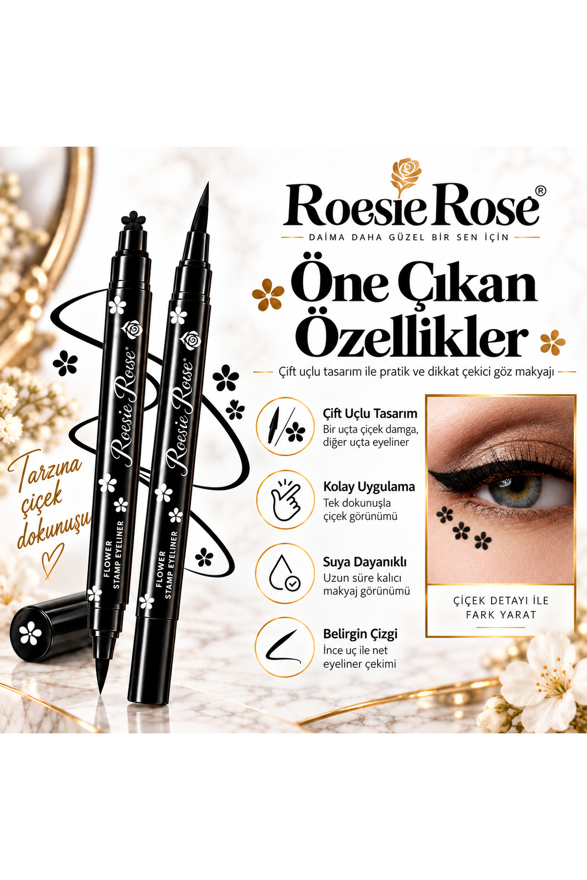 Çift Uçlu Çiçek Damgalı Eyeliner Siyah İnce Uçlu Stamp Makyaj Kalemi — مشکی 365279 — تصویر 4 از 8
