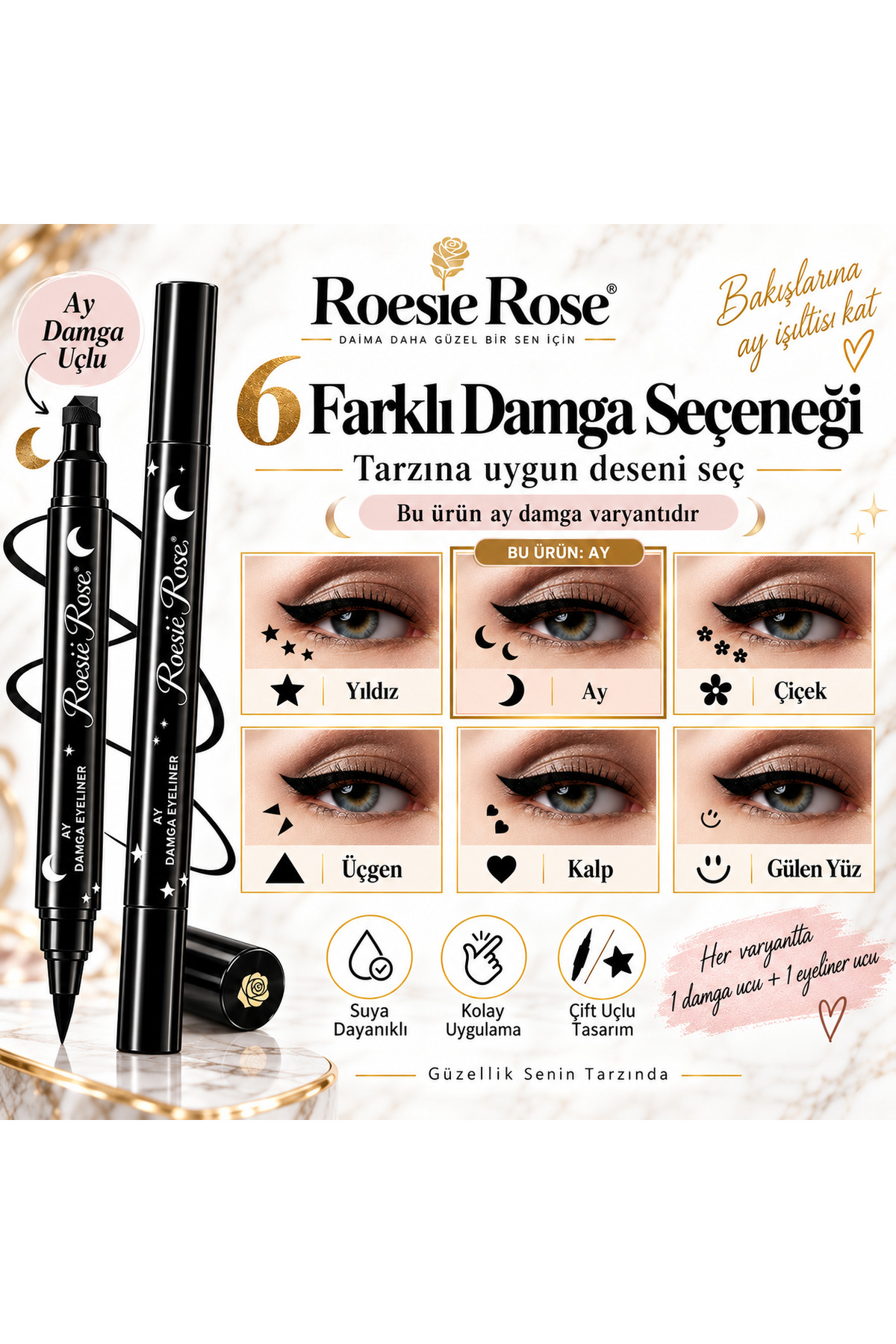 Çift Uçlu Ay Damgalı Eyeliner Siyah İnce Uçlu Stamp Makyaj Kalemi — مشکی 365279 — تصویر 6 از 8