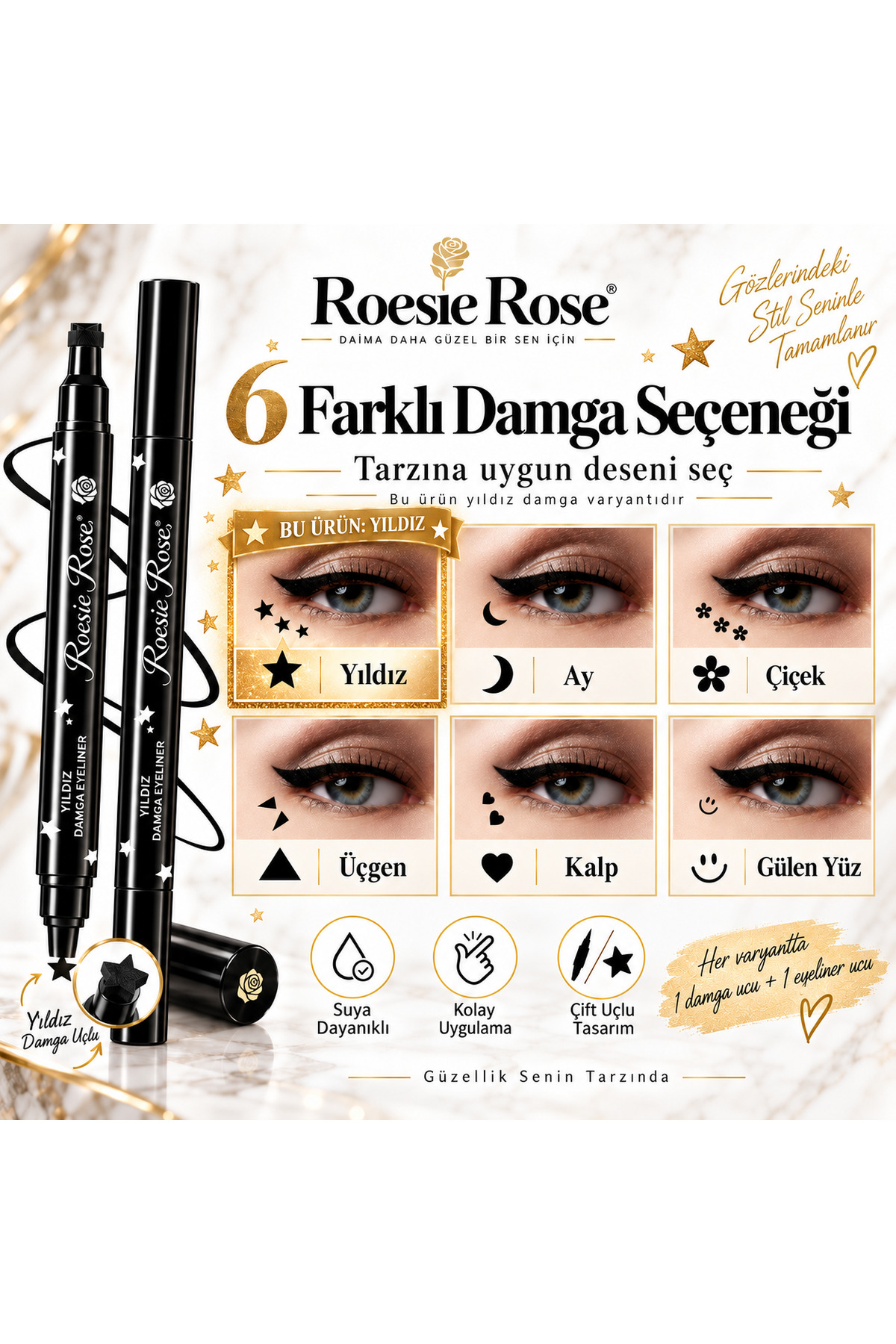 Çift Uçlu Yıldız Damgalı Eyeliner Siyah İnce Uçlu Stamp Makyaj Kalemi — مشکی 365279 — تصویر 6 از 8