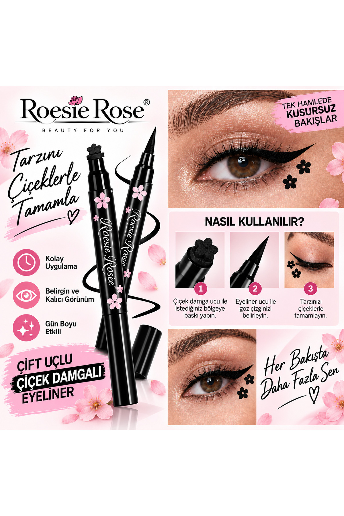 Çift Uçlu Çiçek Damgalı Eyeliner Siyah İnce Uçlu Stamp Makyaj Kalemi — مشکی 365279 — تصویر 5 از 8