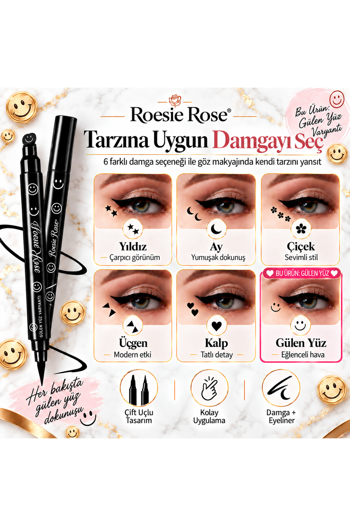 Çift Uçlu Gülen Yüz Damgalı Eyeliner Siyah İnce Uçlu Stamp Makyaj Kalemi — مشکی 365279 — تصویر 7 از 8