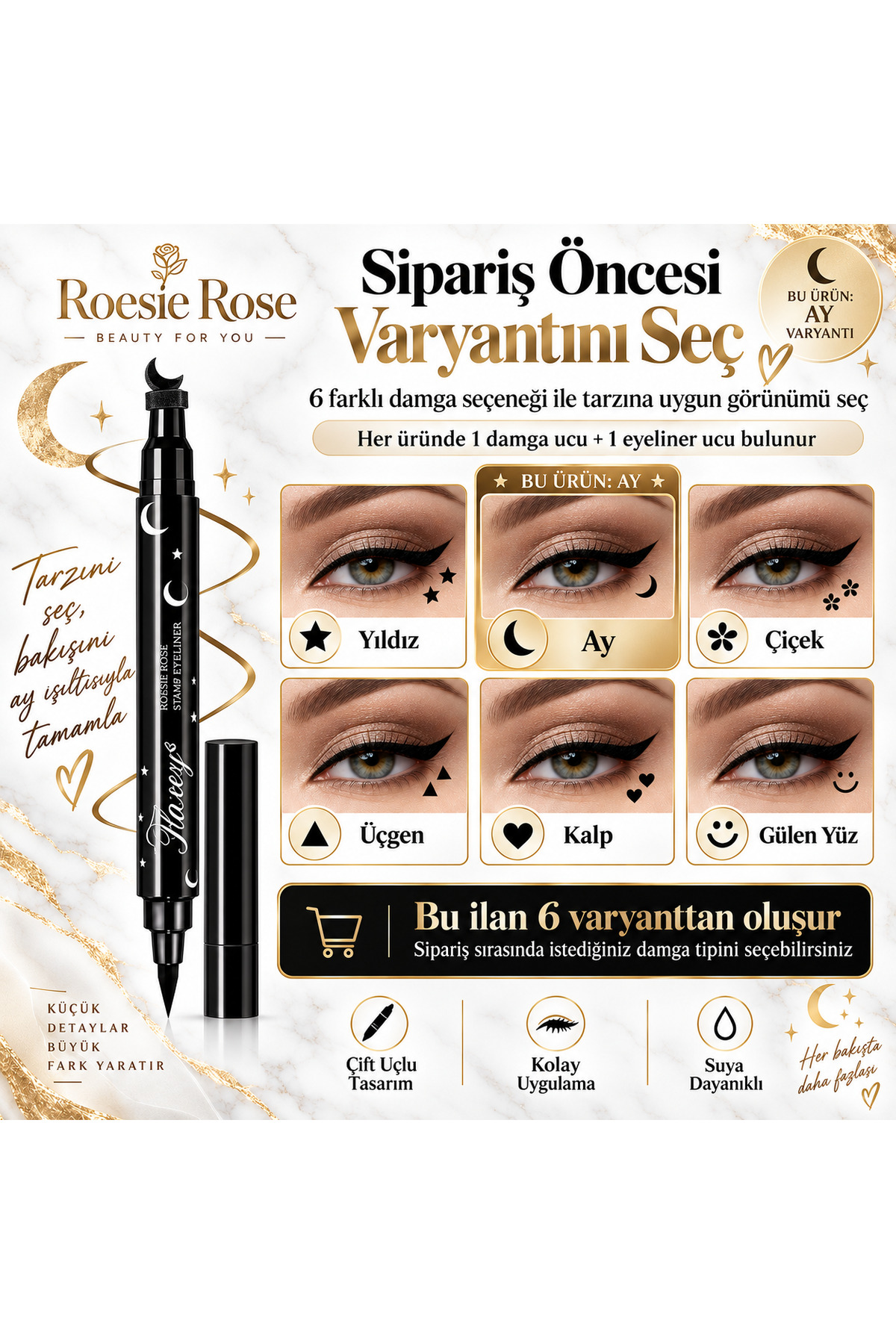 Çift Uçlu Ay Damgalı Eyeliner Siyah İnce Uçlu Stamp Makyaj Kalemi — مشکی 365279 — تصویر 8 از 8